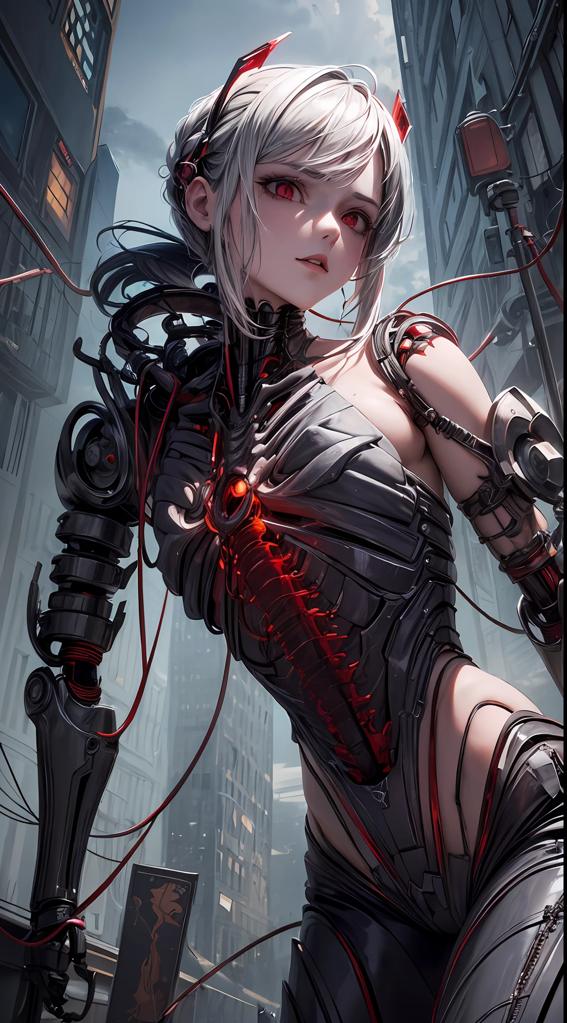 (((Masterpiece))), ((Best Quality)), (Super Detail), (CG Illustration), (Very Evil and Beautiful)), Cinematic Light, ((1 Mechanical Girl)), Single, (Mechanical Art: 1.4), ((Mechanical limb)), (Blood vessel attached to a tube), ((Mechanical spine attached to the back)), ((Mechanical cervical vertebrae attached to the neck), (Back to the viewer)), expressionless, ( Wires and cables attached to the head and body: 1.5), Science Fiction, Apocalypse, Ruins, (Lower Body Integrated with Mechanical Devices), (Blood: 1.5), Cruelty, Absurdity, Eroglotesque, Fusion with Machines, Doomsday Time, Super Future, Inorganic, Laboratory, Restraint, (Beautiful Indulgence: 1.2), (1 Girl: 1.3)