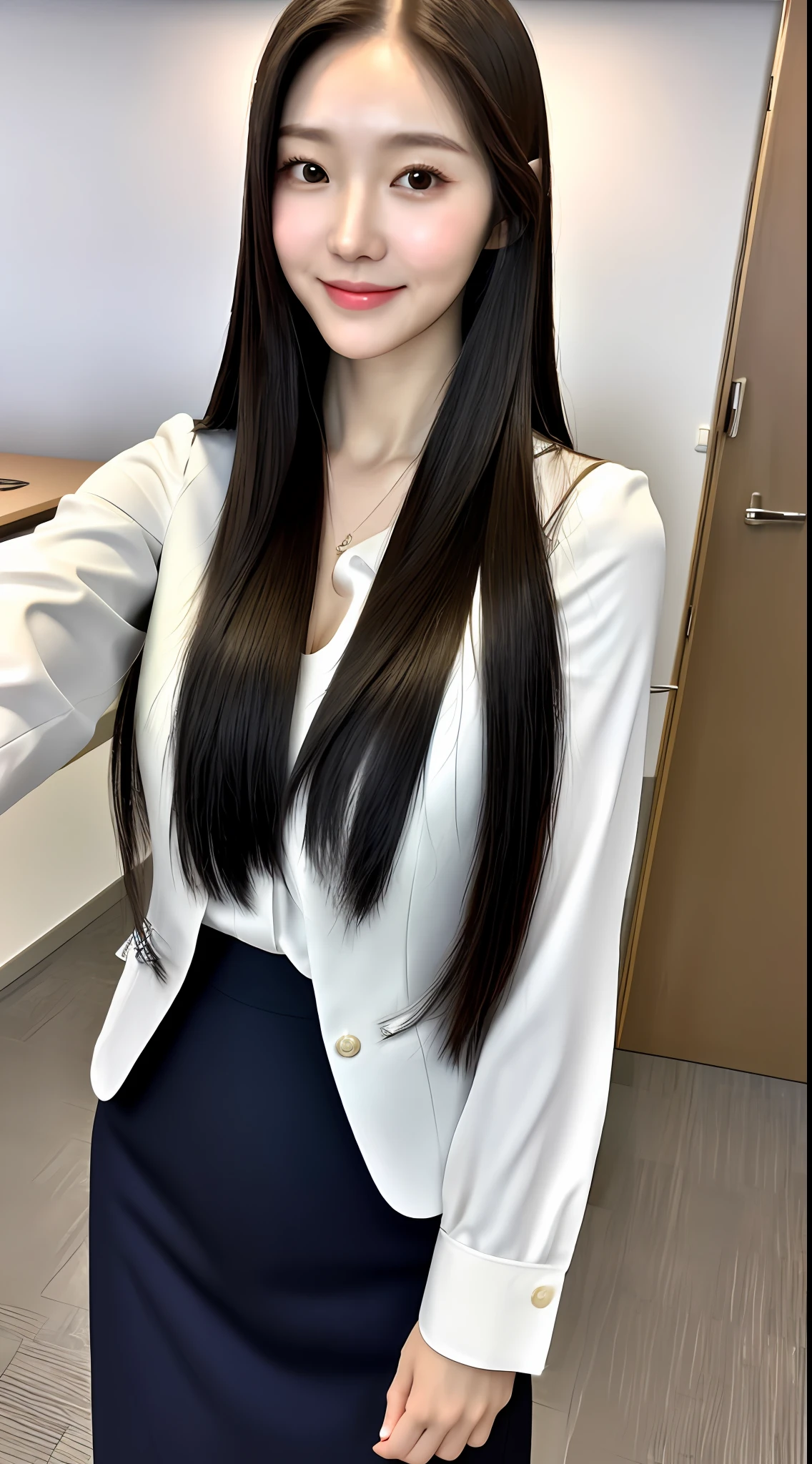 realistic photos of (1 cute Korean star) long straight hair, thin make-up, medium breast size, slightly smile, in office outfit, taking selfie, clear facial features, 8K high resolution, crisp detail, extremely sharp details. backdrop is blur