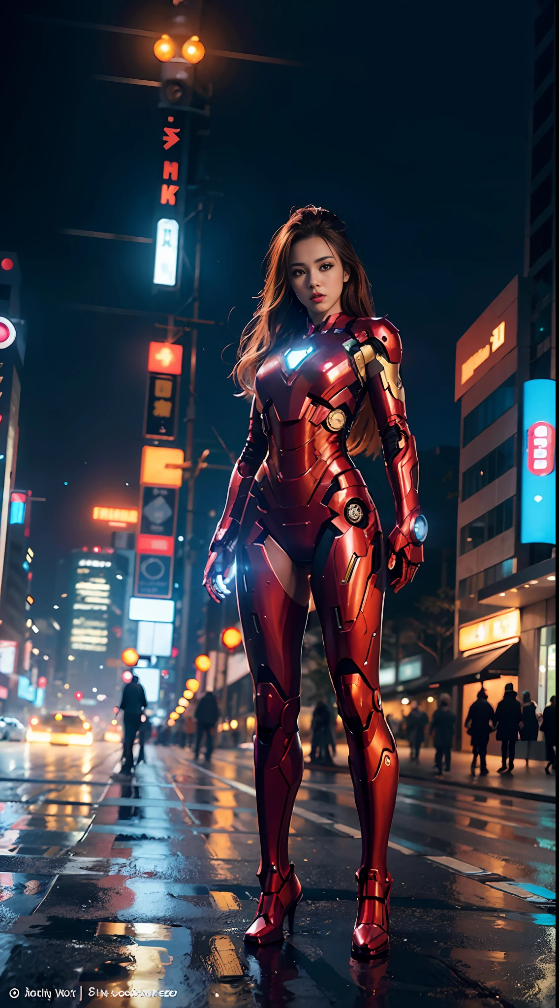 8k, realistic, attractive, highly detailed, a 20 year old girl a sexy and attractive woman inspired by Iron Man wearing a shiny Iron Man mech. She dresses with sexiness and confidence, perfectly interpreting Iron Man's strength and charisma. In a cyberpunk-style city night scene, a sexy and attractive woman takes Iron Man's cosplay as the theme. Wearing a shiny Iron Man mech, she stands on a street lined with tall buildings. The night lights of the city are bright, reflecting on her mecha, adding a sense of future technology. The surrounding buildings and streets are full of cyberpunk elements, such as neon lights, high-tech devices and futuristic architectural designs. The whole scene is full of futuristic and sci-fi atmosphere. This high-definition, high-quality picture will bring you stunning visual enjoyment, a perfect combination of sexy, futuristic and sci-fi elements. oc rendering, dramatic lighting, award winning quality