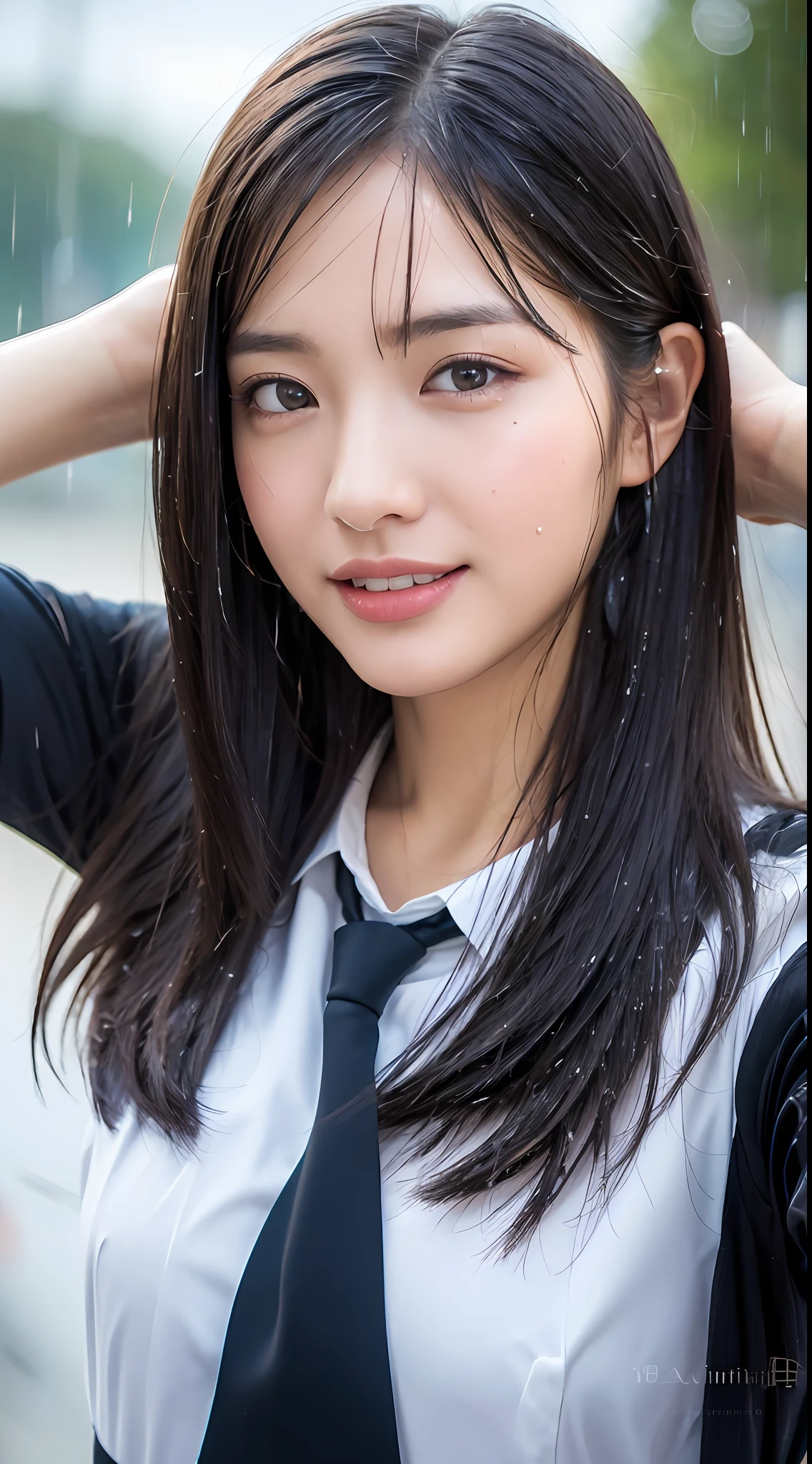 ((Top Quality, 8K, Masterpiece: 1.3)), (high detail: 1 in 1), (Focus on face),buttocks: 1.2, (Perfect Body Beauty: 1.4), ((Layered Haircut, Chest: 1.4)), (Rain:1.6), (in Street), (Wearing a (wet:1.4) white school Uniform with miniskirt and Loose Tie), Very detailed face and skin texture, narrow eyes, double eyelids, whitening skin, long hair, (Shut up: 1.3), smile,extra, real photo, psd, lamp film photography, sharp focus, contrast lighting, detailed skin, high resolution 8k, crazy detail, realistic, professional photography, 8k uhd, SLR camera, soft lighting, high quality, film grain, fujifilm XT3,