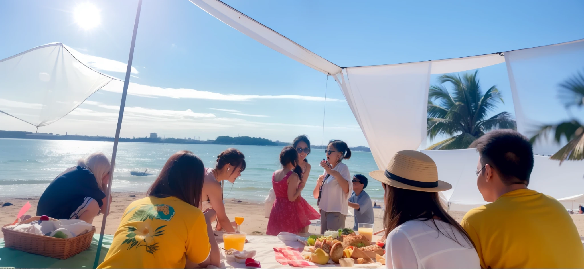 people are standing around a table with food on it, people on a picnic, people in beach, on a sunny day, masterpiece work of art, people outside eating meals, shot on nikon z9, having a good time, summer festival in background, summer setting, sunny environment, sunday afternoon, having a great time, artist unknown, afternoon time, high quality photo