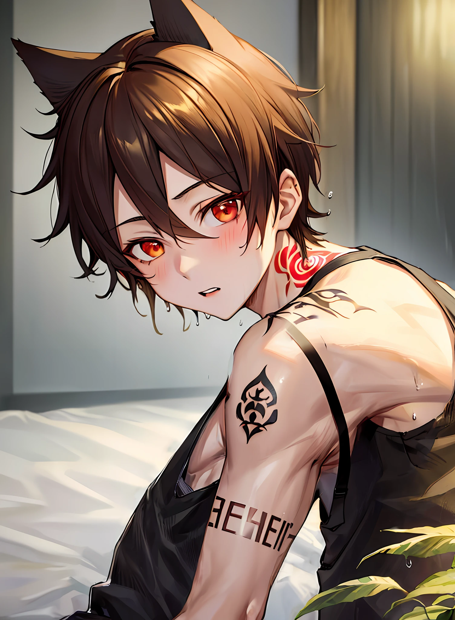 Top quality, masterpiece, high resolution, 1 boy, male, slender, solo, upper body, blush, cat ears, (very short hair of golden color), red eyes, about 15 years old, tattoo, black tank top, wet from the rain