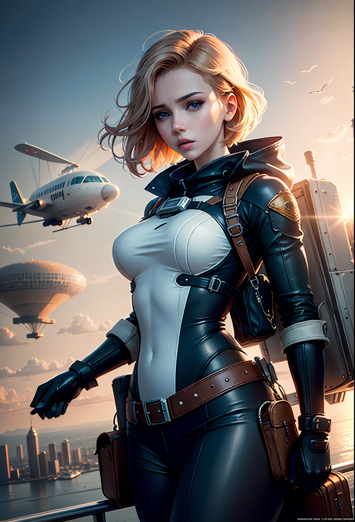Realistic visuals, captivating beauty, dramatic contrasts, soft lighting, delicate warmth, soft light, ultra high definition, colorful, best quality, perfect female figure, Scarlett Johansson's face, high dynamic range, long eyelashes, unparalleled masterpieces, pale skin, makeup,
Nova 1 Girl, Solo, Short Hair, Lying on Airship, Tower, Landscape, Airplane, Steampunk, Bird, Cloud, Sky, Gear, No Man, Building, Outdoor, City, Science Fiction, Sunset, Crane (Machine)