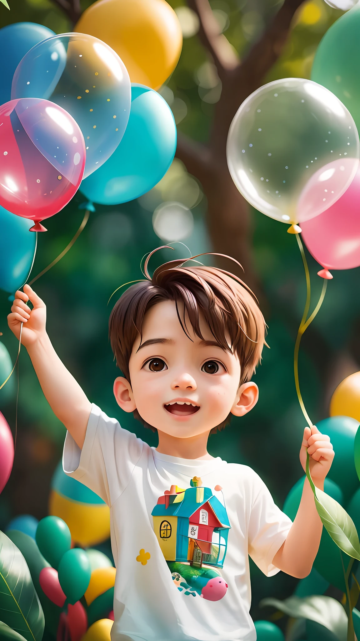 A boy, zoo, many balloons, happy, happy, perfect quality, clear focus (clutter-home: 0.8), (masterpiece: 1.2) (realistic: 1.2) (bokeh) (best quality) (detailed skin: 1.3) (intricate details) (8K) (detail eyes) (sharp focus), (happy)