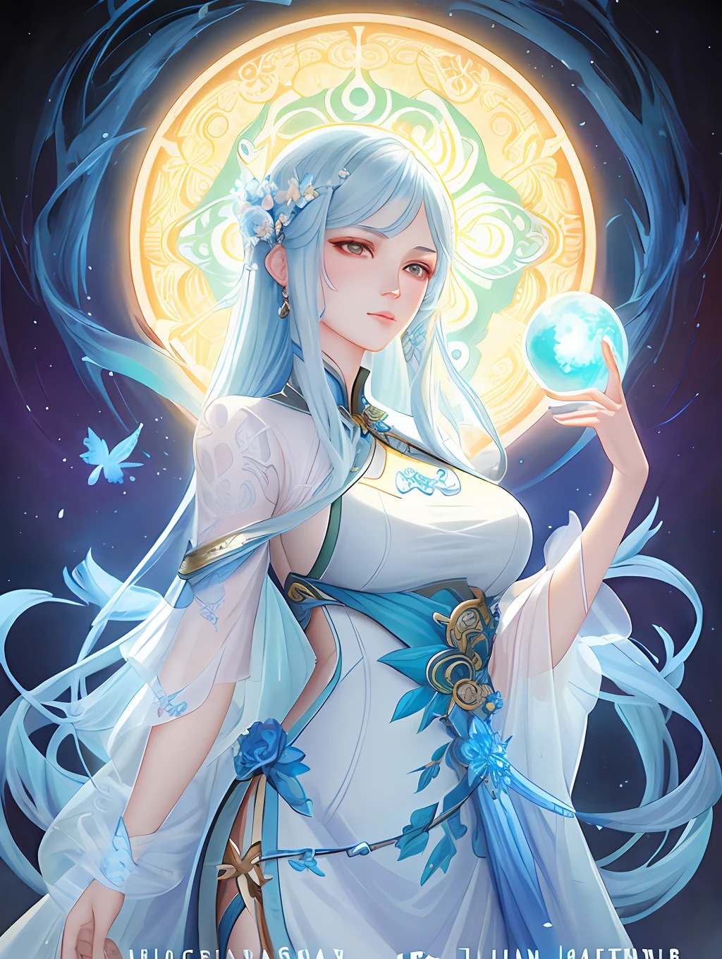 An ultrafine detailed watercolor painting of a gorgeous woman with flowers in her hair, jin shan and ross tran, Zha Shibiao, Tom Bagshaw, art nouveau accents, fantasy art, ice princess, anthropomorphic female, female moon knight, detailed cover artwork, as the goddess of the sun, by Lü Ji, Ross Tran, pale bluish skin, a marble sculpture, cgsociety, gothic art, art deco, behance contest winner