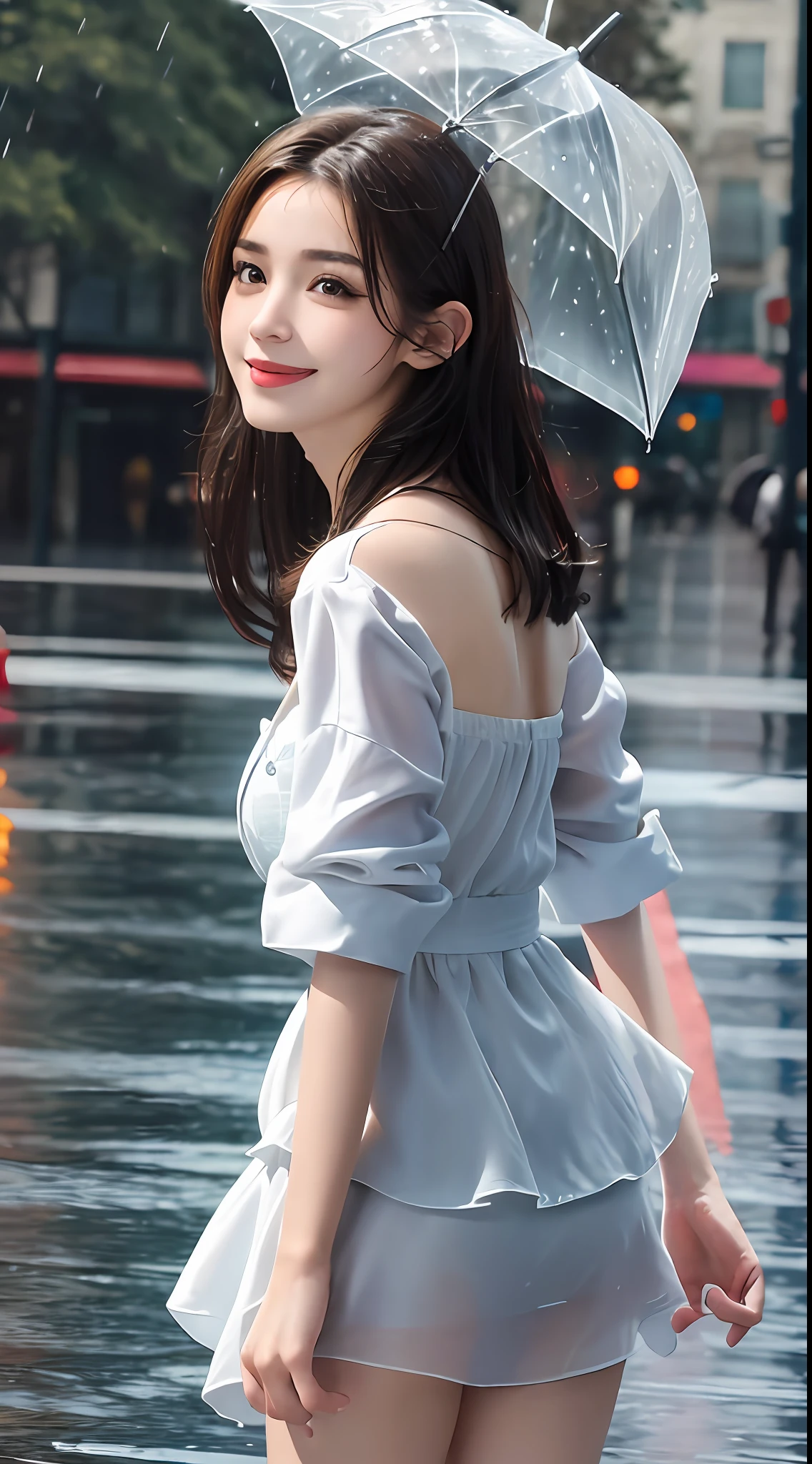 ((Best Quality, 8K, Masterpiece:1.3)), Focus: 1.2, Perfect Body Beauty: 1.4, Buttocks: 1.2, ((Layered Haircut, Breasts: 1.2)), (Wet Clothes: 1.1), (Rain, Street:1.3), Bandeau Dress: 1.1, Highly Detailed Face and Skin Texture, Fine Eyes, Double Eyelids, Whitening Skin, Long Hair, (Shut Up: 1.3), Smile