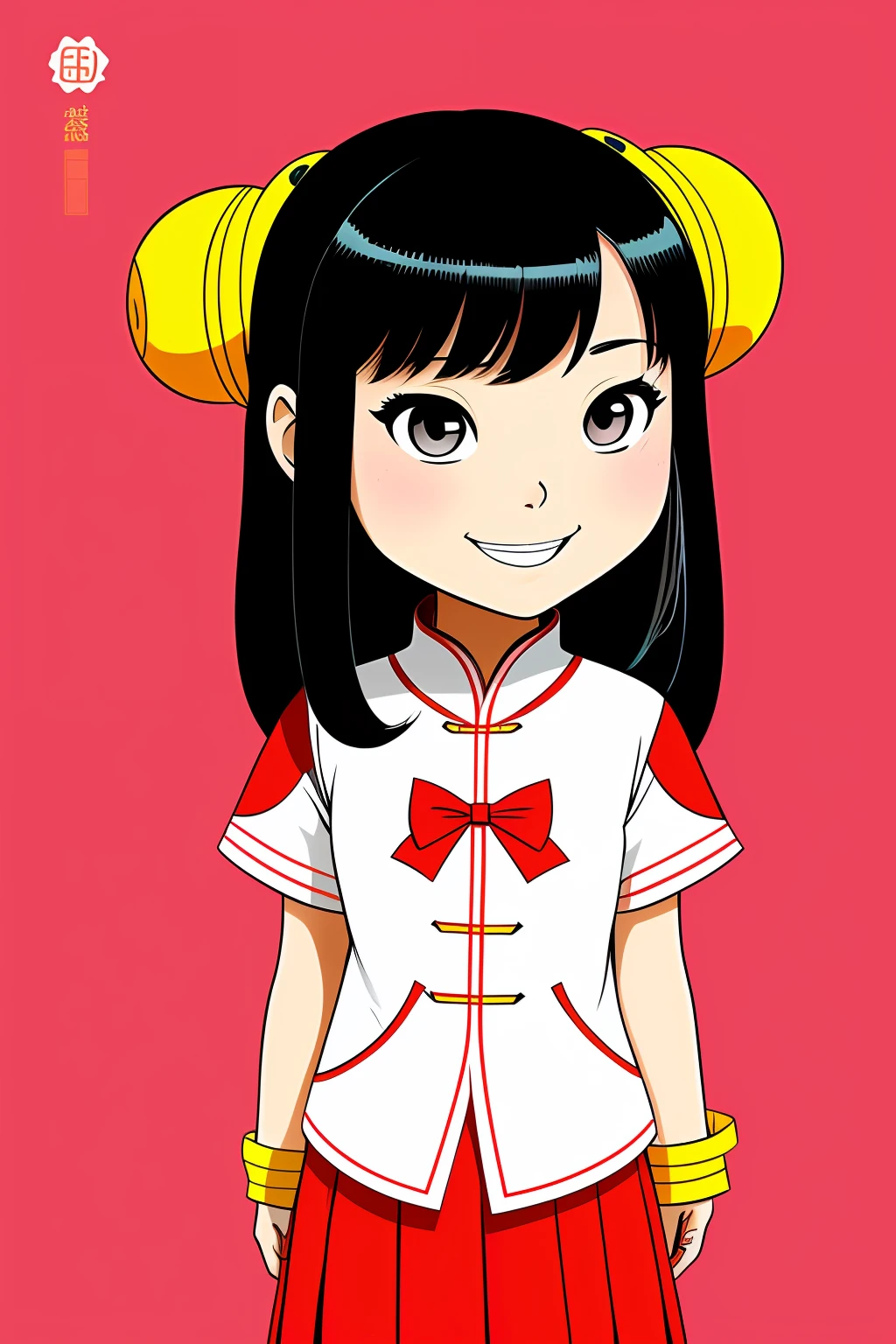 A Beautiful Chinese Adult Woman, Smiling, Flat Background, Skottie Young Style