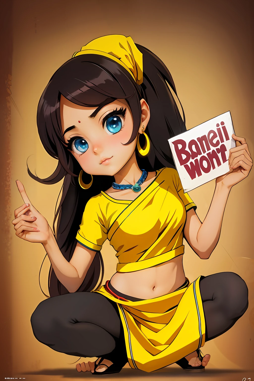 cartoon girl in sari holding a sign with the word banni wot, official fanart, official art, pixiv contest winner, senna from league of legends, anime waifu, beautiful avatar pictures, saiyan girl, wallpaper!, in anime style, in an anime style, beautiful genie girl, anime thai girl, official fan art, anime woman, anime style character