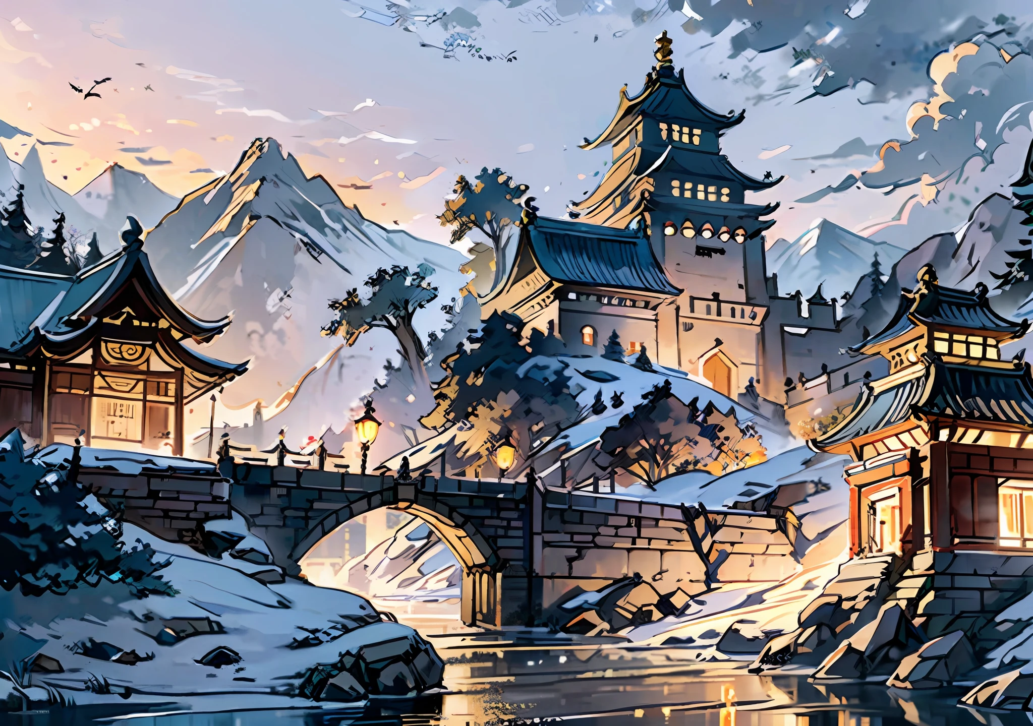 Ancient Chinese royal palace, golden palace, elaborate buildings, dusk, bricks, bridges, city walls