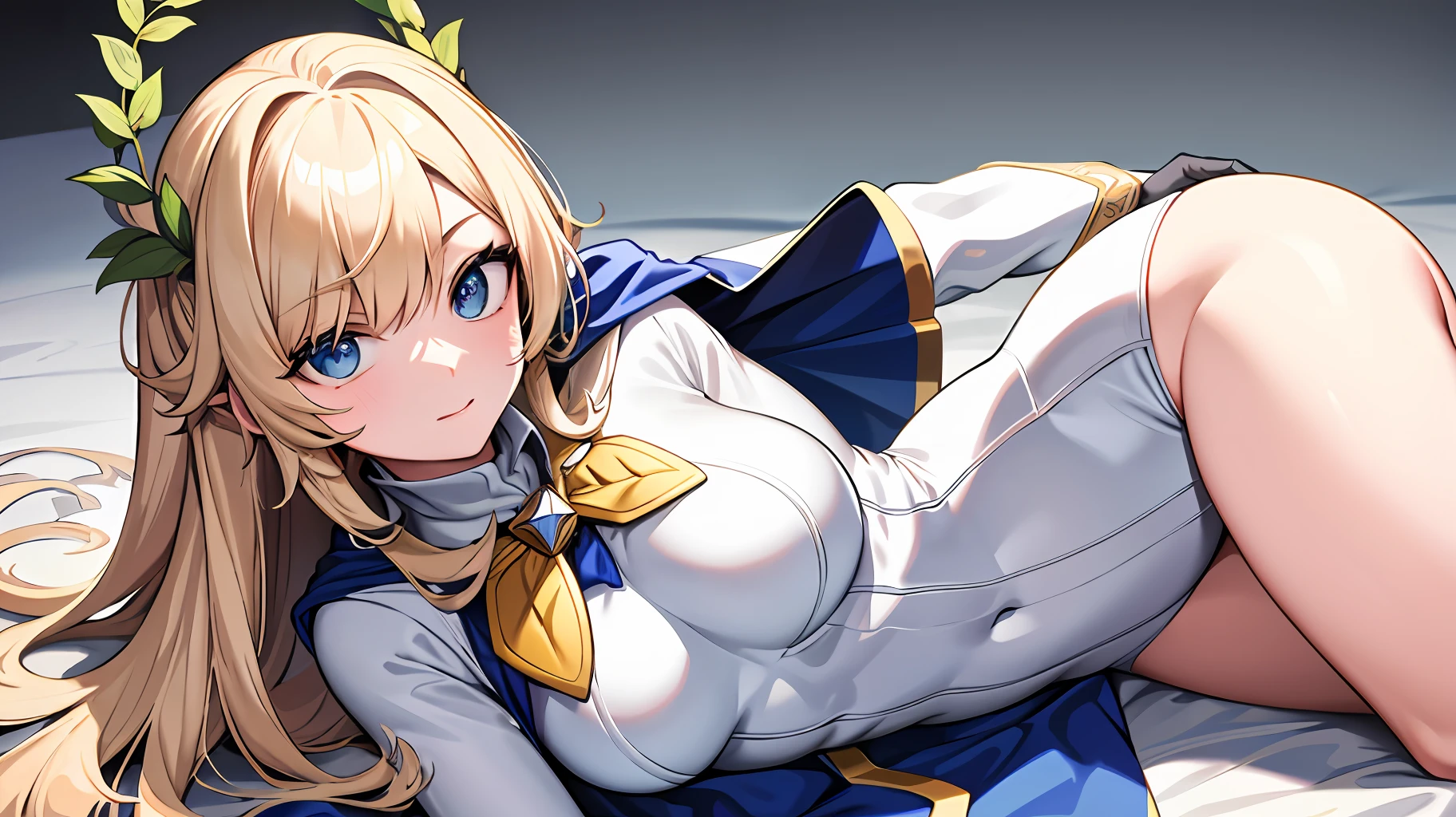 masterpiece, highres, soldier,white cape, bodysuit, laurel wreath, elementals, two-tone hair,