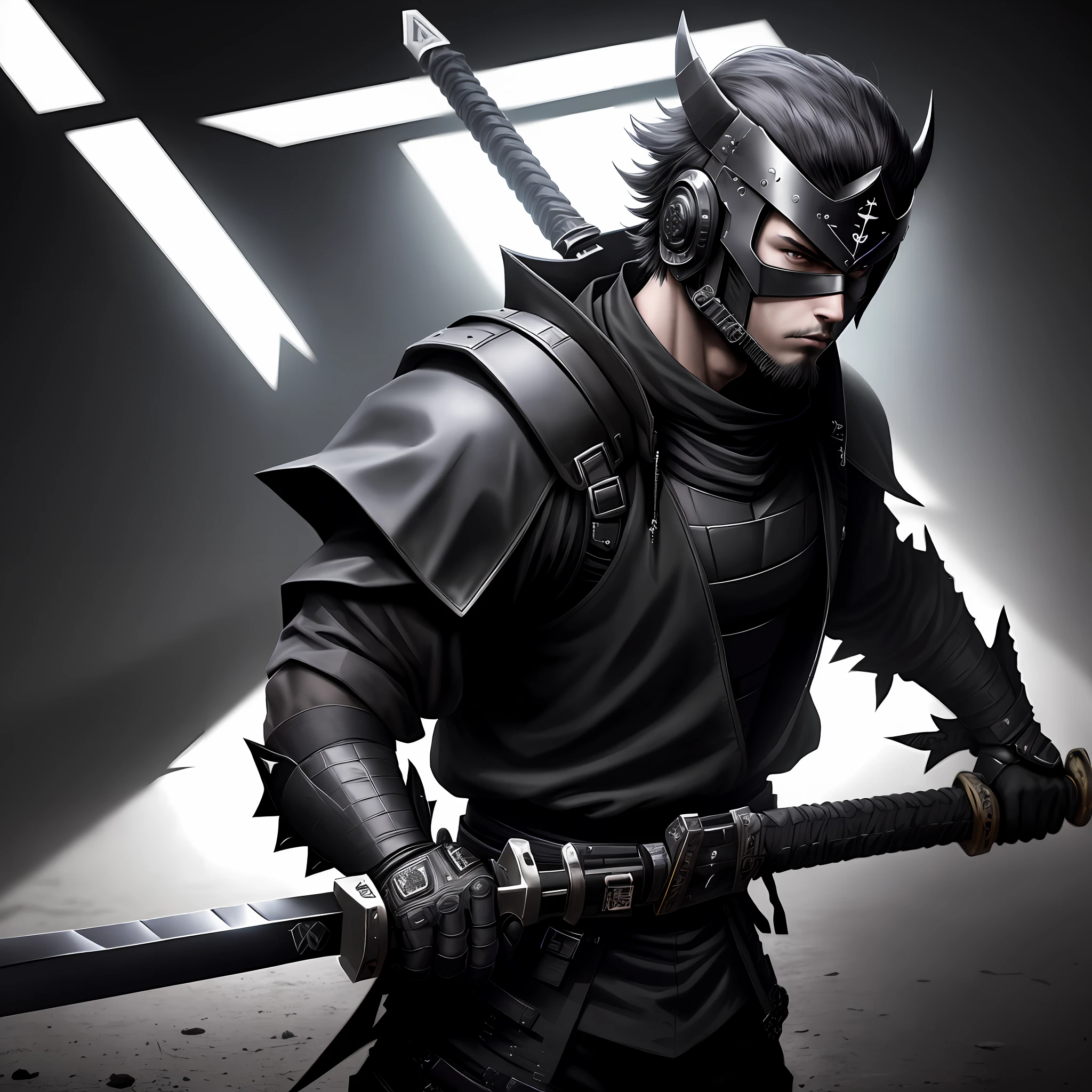 (masterpiece, top quality, best quality) 1black and white boy with a sword and a helmet, in a dark space mercenary outfit, gothic ninja, urban samurai, black bull samurai, ninja outfit, the dark reaper, full body x-force outfit, wearing techwear and armor, black armored uniform, mk ninja, sharp black armor, black heavy armor, dark theme
