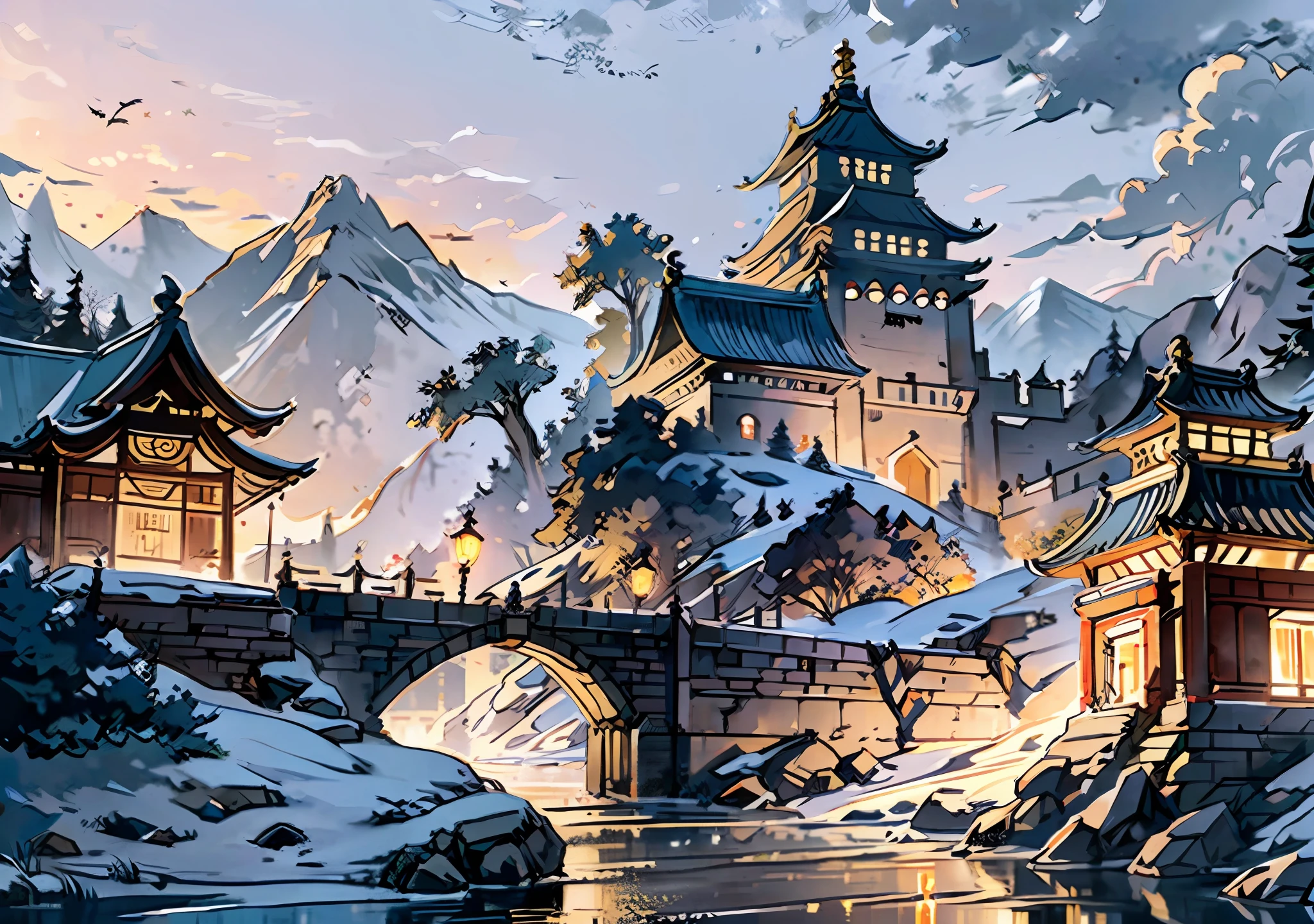 Ancient Chinese royal palace, golden palace, elaborate buildings, dusk, bricks, bridges, city walls