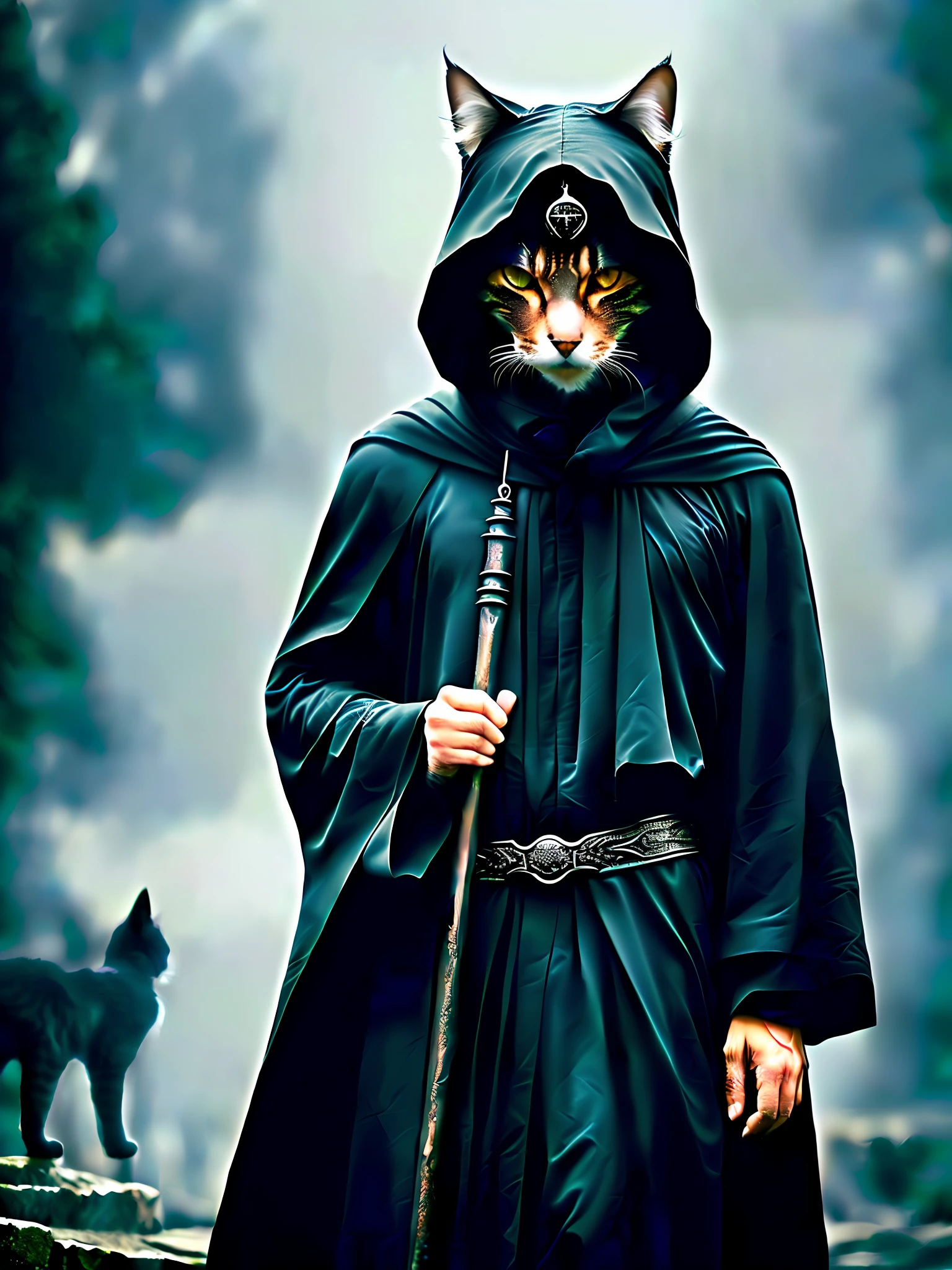 (Very detailed 8k wallpaper), (A Cat Man: The Sorcerer), medium shot, intricate, highly detailed, dramatic, with a black figure looming in the gray mist behind him, with a dark cloak hood, showing his face