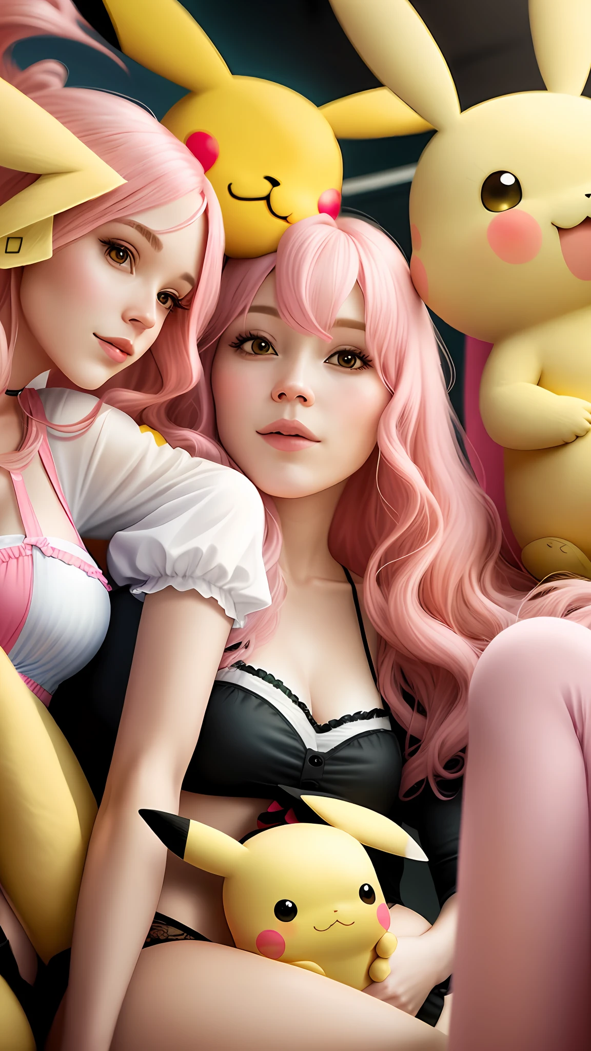 Me with long pink pink hair lingerie pregnant and with Pikachu and a friend next to me Vanessa