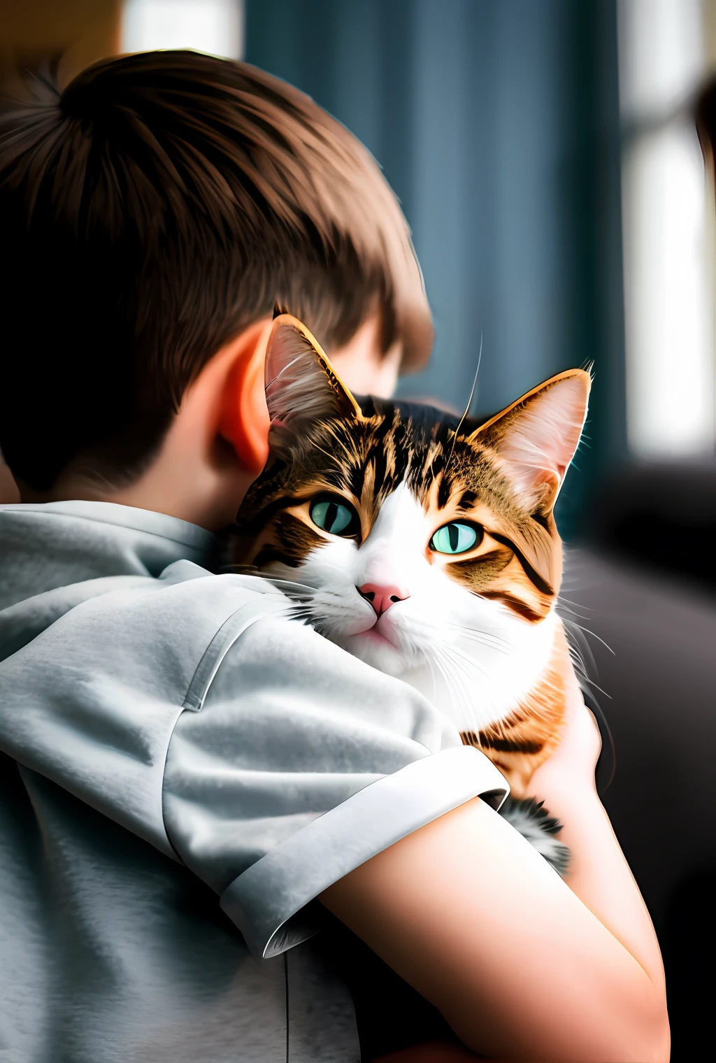 a boy hugging a cat, realistic, 8k, masterpiece