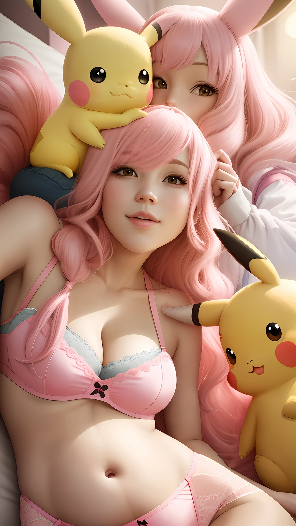 Me with long pink pink hair lingerie pregnant and with Pikachu and a friend next to me Vanessa