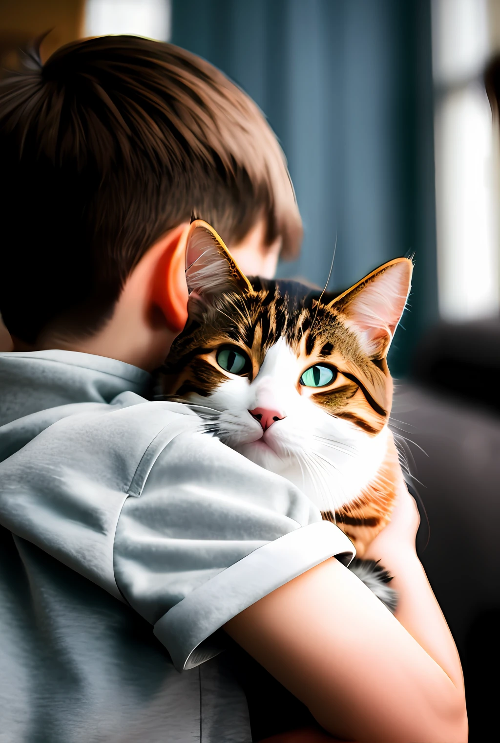 a boy hugging a cat, realistic, 8k, masterpiece