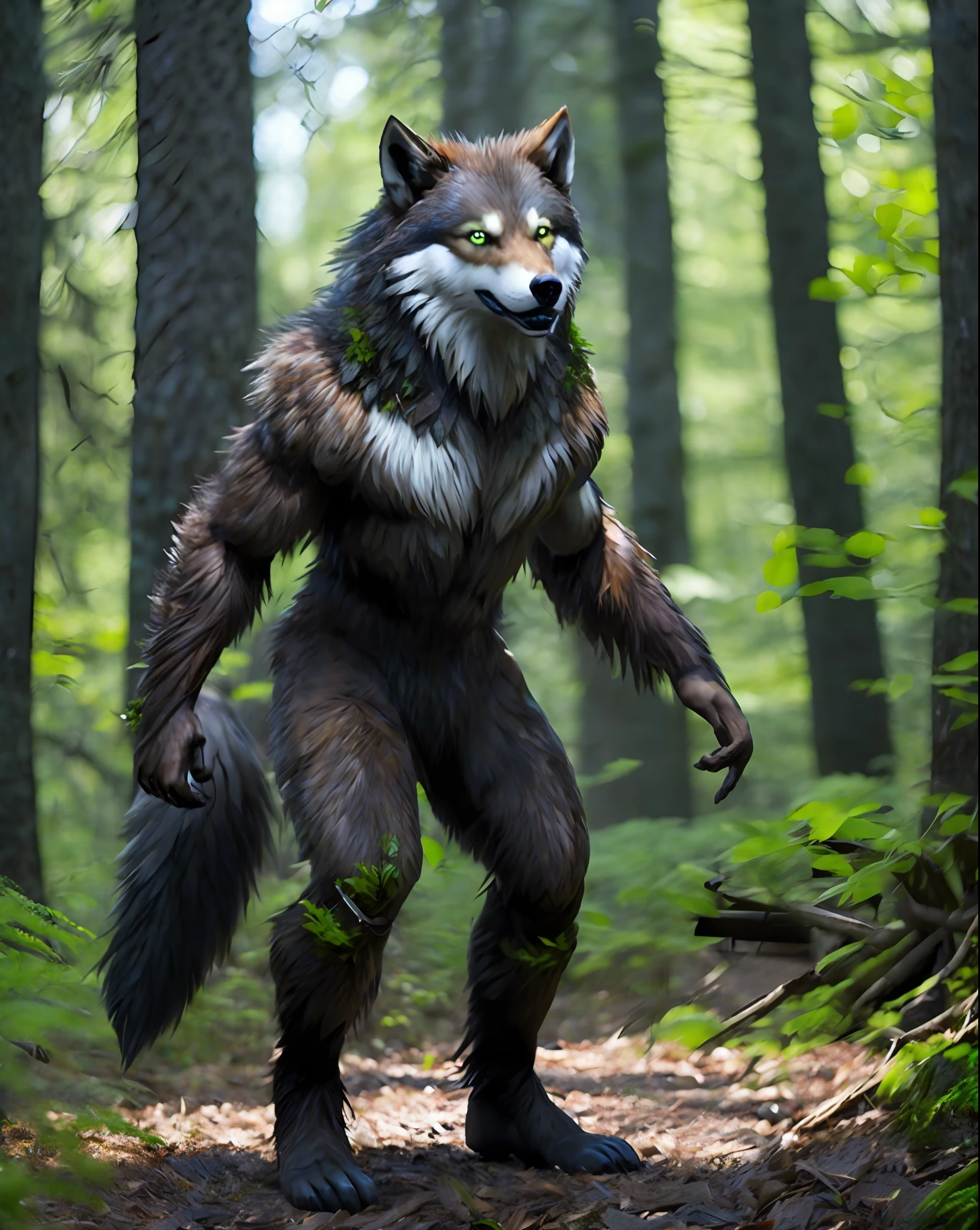 fking_scifi_v2, werecreature, werewolf wolf, large head, (green eyes), standing in a forest, toolbelt, 80mm, f/1.8