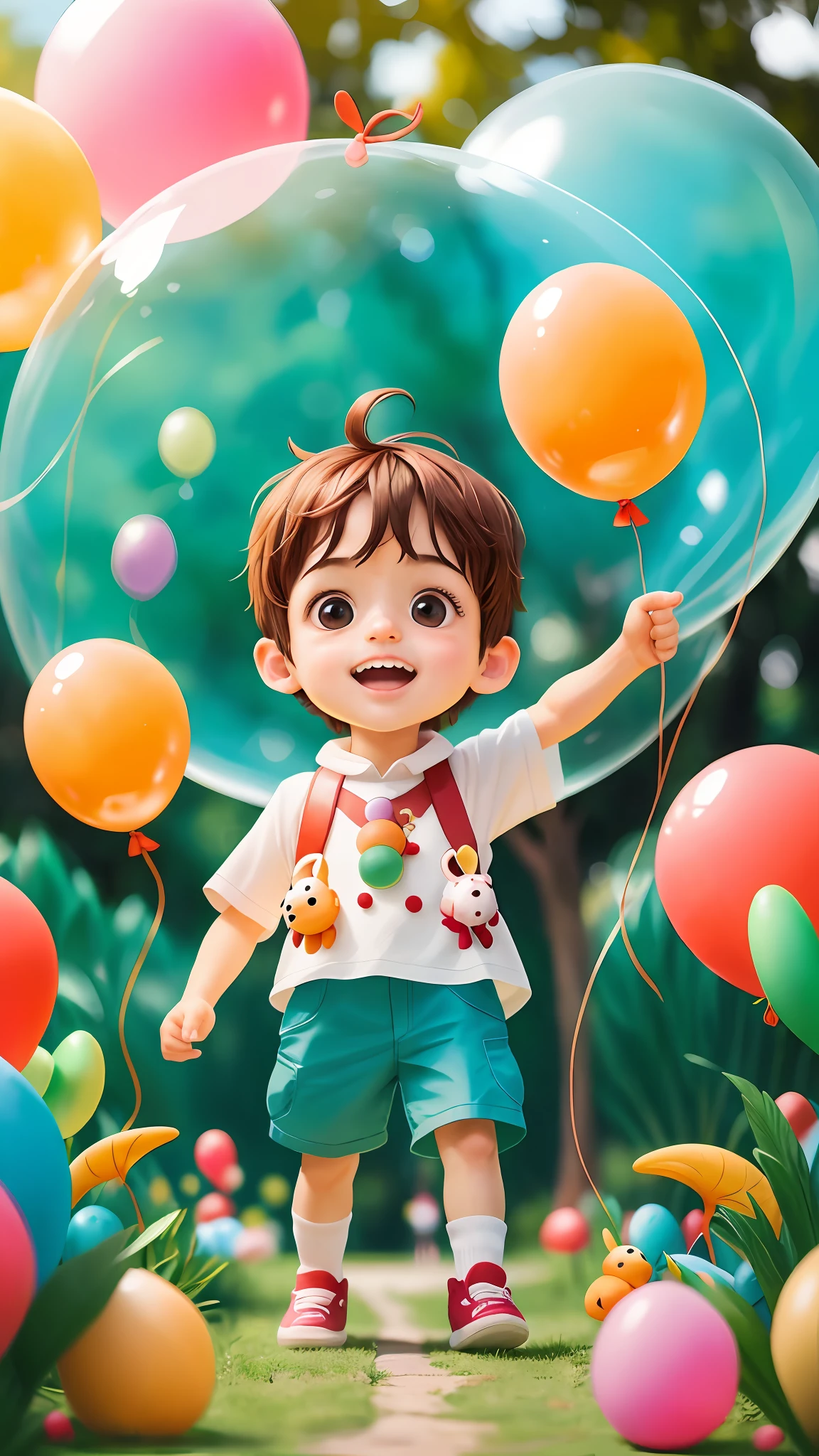A boy, zoo, many balloons, happy, happy, perfect quality, clear focus (clutter-home: 0.8), (masterpiece: 1.2) (realistic: 1.2) (bokeh) (best quality) (detailed skin: 1.3) (intricate details) (8K) (detail eyes) (sharp focus), (happy)