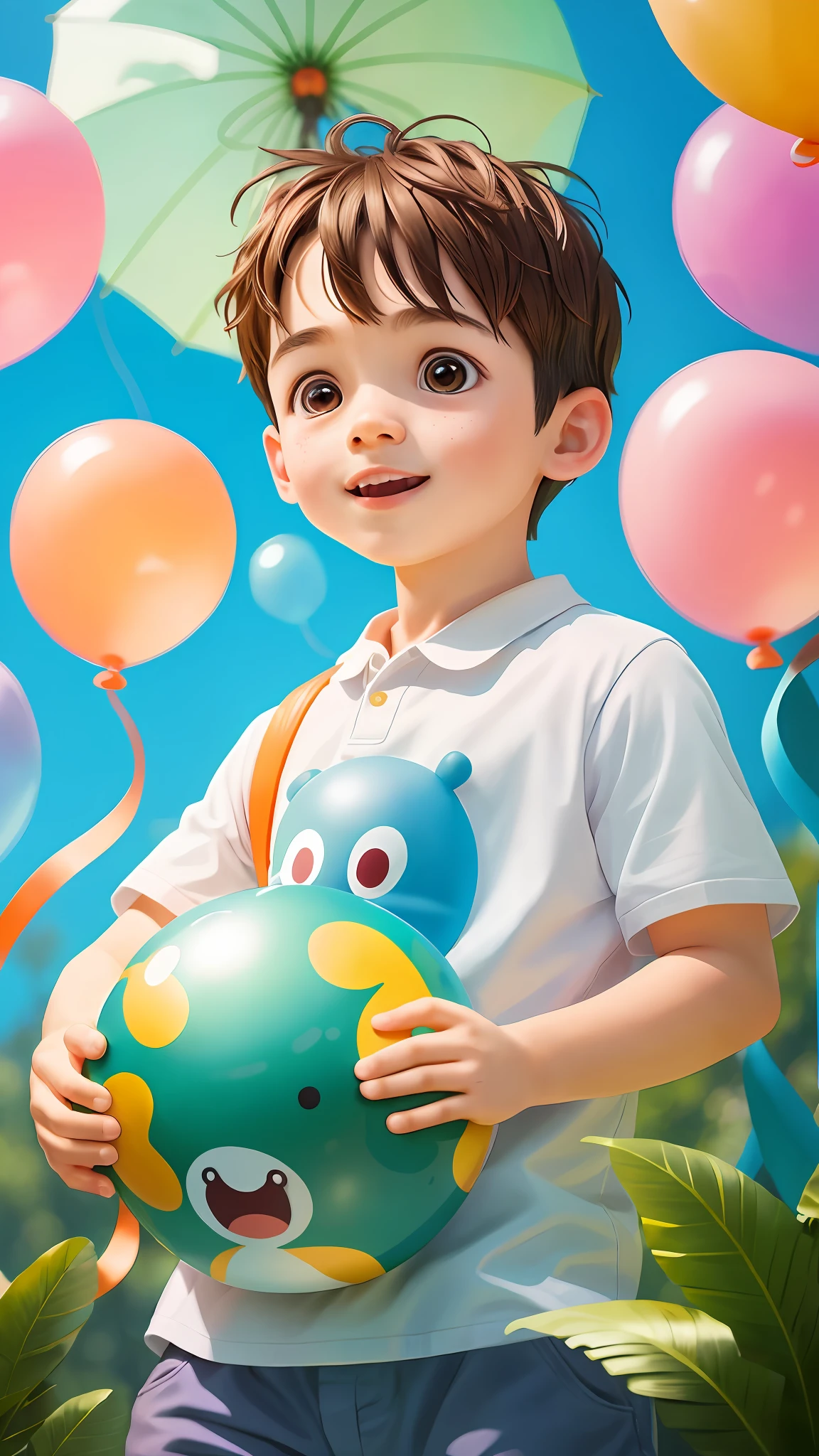 A boy, zoo, many balloons, happy, happy, perfect quality, clear focus (clutter-home: 0.8), (masterpiece: 1.2) (realistic: 1.2) (bokeh) (best quality) (detailed skin: 1.3) (intricate details) (8K) (detail eyes) (sharp focus), (happy)