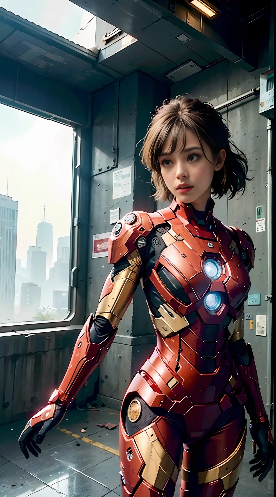 (1girl:1.3), solo,__body-parts__, official art, unity 8k wallpaper, ultra detailed, beautiful and aesthetic, beautiful, masterpiece, best quality, RAW, masterpiece, super fine photo,, best quality, super high Resolution, photorealistic, sunlight, full body portrait, stunningly beautiful,, dynamic pose, delicate face, vibrant eyes, (side view), she is wearing a futuristic Iron Man mech, red and gold, Highly detailed abandoned warehouse background, detailed face, detailed complex busy background, messy, gorgeous, milky, high detailed skin, realistic skin details, visible pores, sharp focus, volumetric fog, 8k uhd, dslr camera, High quality, film grain, fair skin, photorealism, lomography, sprawling metropolis in a futuristic dystopia, view from below, translucent