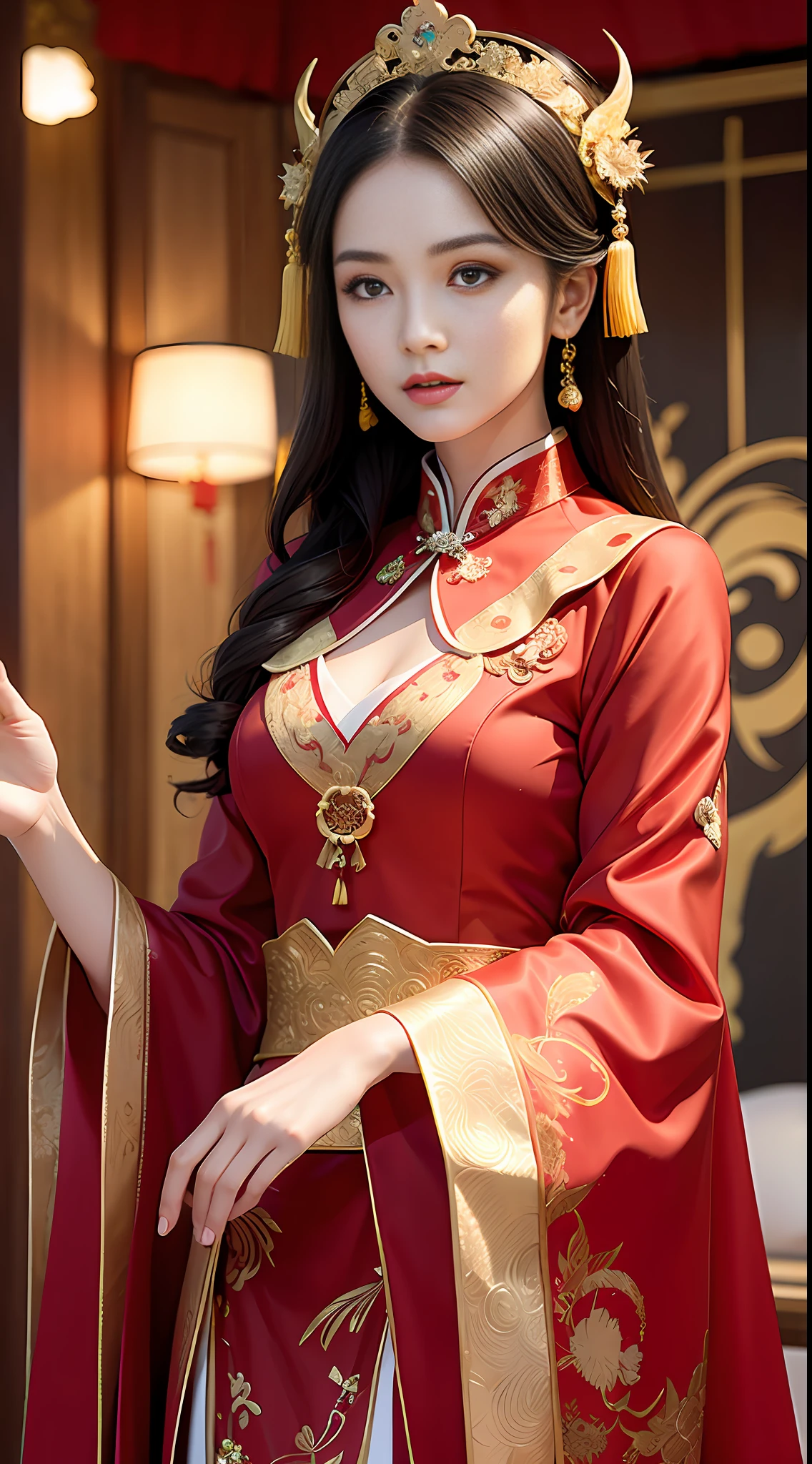 (8k, RAW photo, best quality, masterpiece: 1.2), (realistic, realistic: 1.37), 1 girl, Alafi woman in red dress and headdress posing for photos, gorgeous role-playing, beautiful clothing, complex fantasy dress, beautiful fantasy queen, Chinese dress, complex dress, complex dress, traditional beauty, gorgeous Chinese model, Chinese clothing, inspired by Lan Ying, wearing gorgeous clothing, Inspired by Puhua, dressed in elegant Chinese style Xiuhe attire, Chinese wedding attire, phoenix crown Xia Pei, and ancient style bride