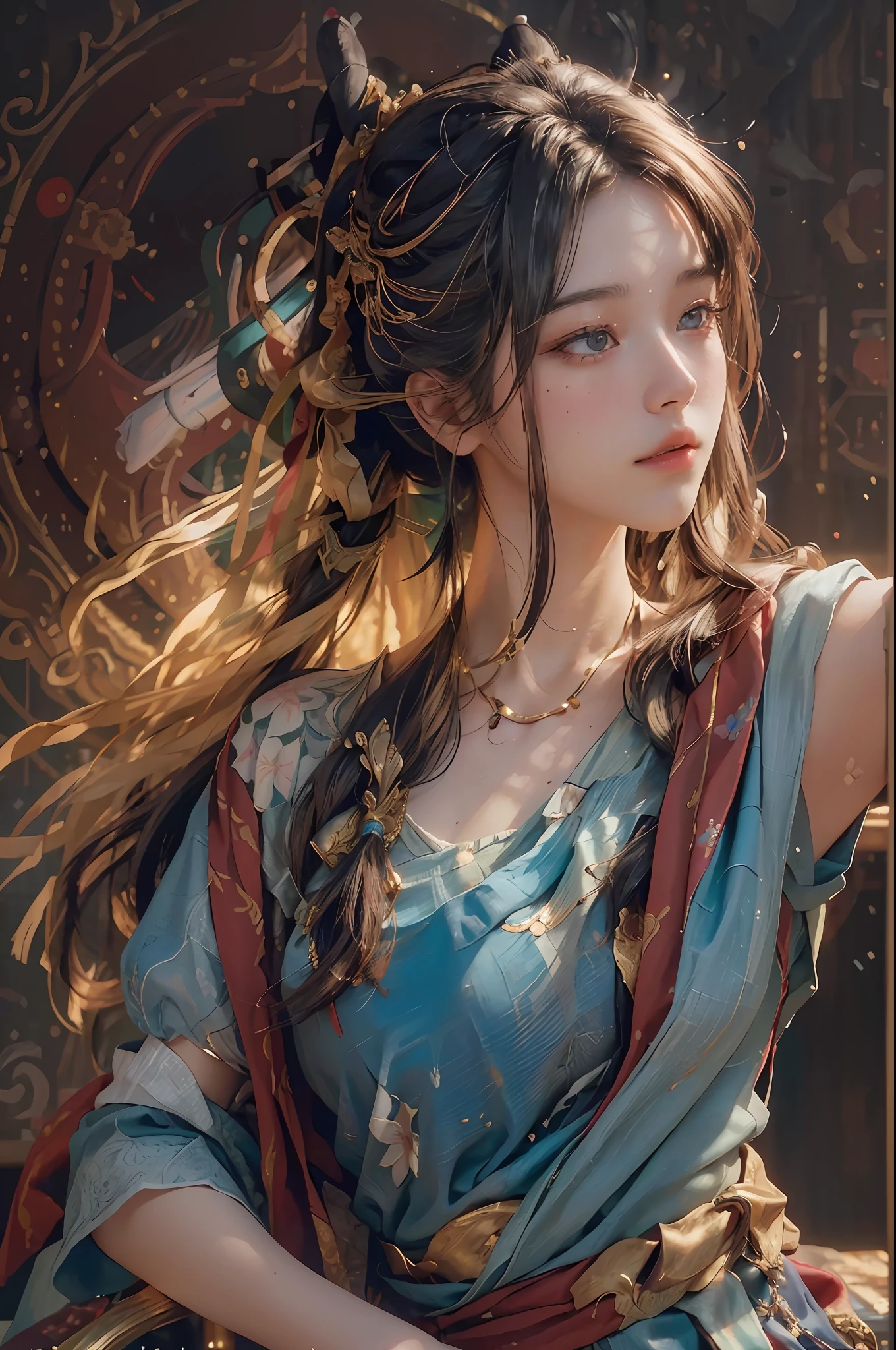 (RAW photo, best quality), (realistic, photo-realistic:1.3),best quality,highly detailed,masterpiece,ultra-detailed,illustration,1girl,upper_body,dynamic angle,world masterpiece theater,messy_long_hair,best quality,extremely detailed CG unity 8k wallpaper,ink,Amazing,cinematic lighting,lens_flare, dunhuang_style