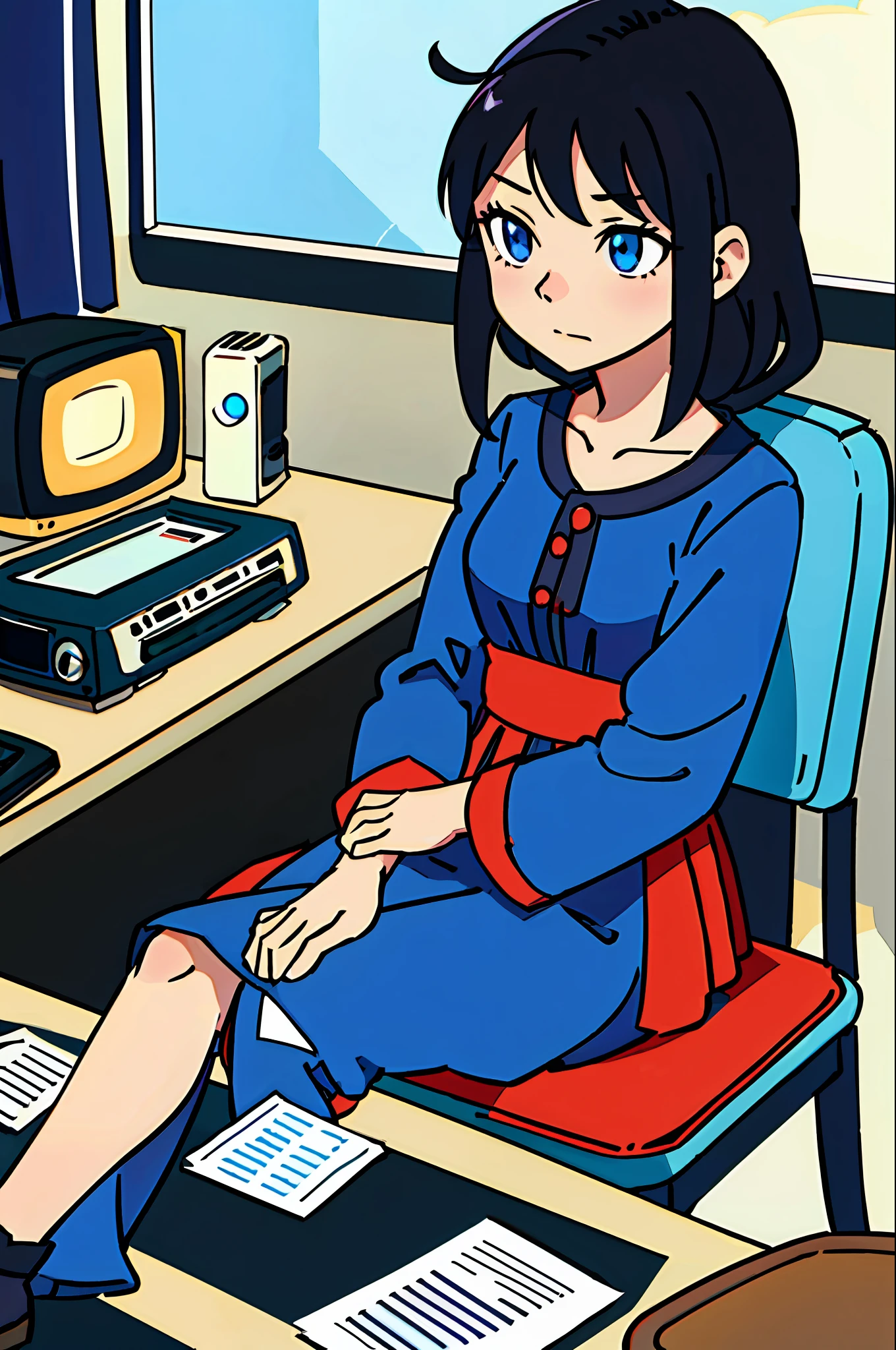 (best-quality:0.8), (best-quality:0.8), perfect anime illustration, listening for radio, 1girl, black hairs, blue eyes, red dress, sitting at the table, old radio