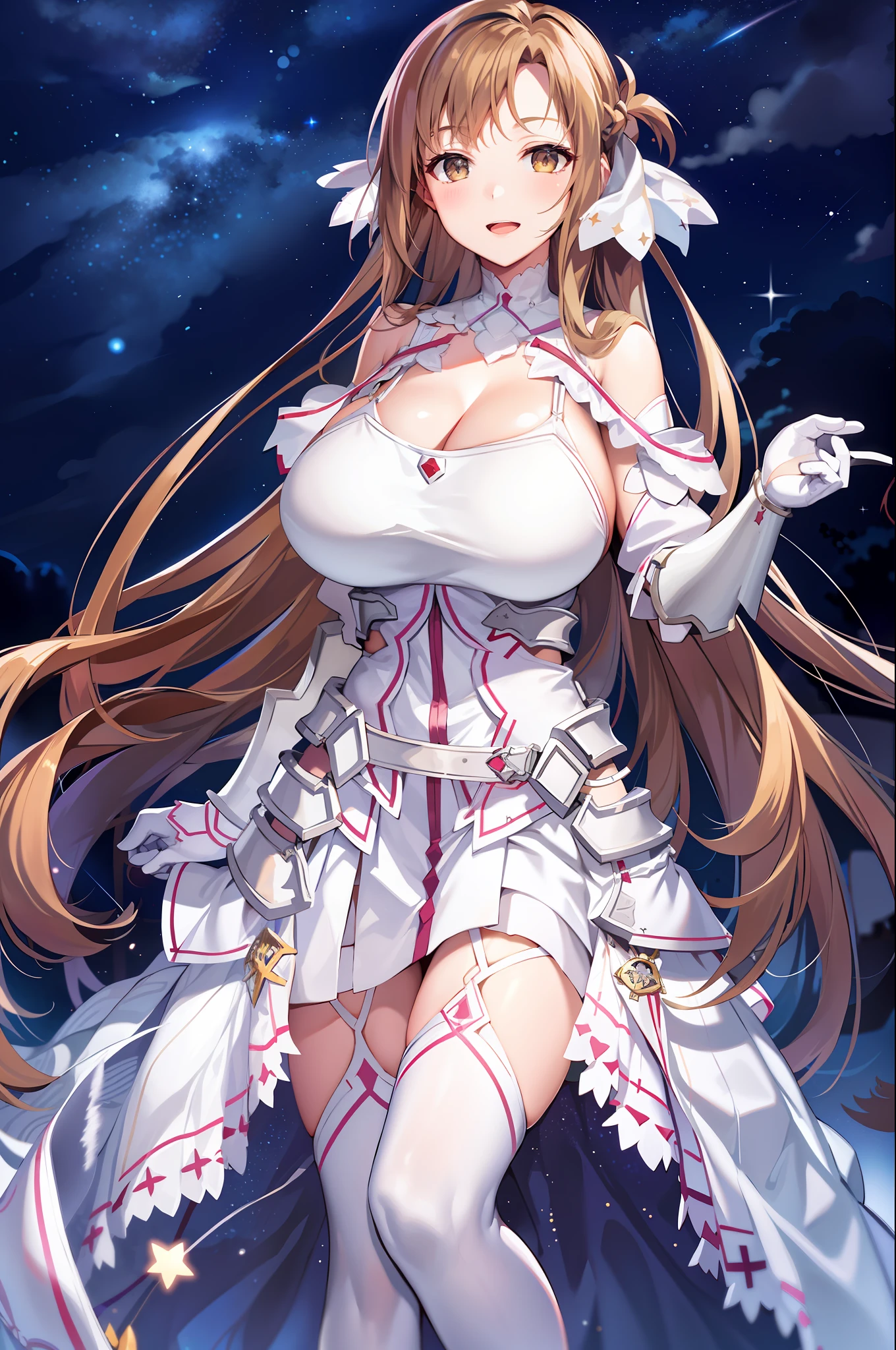 stacia, 1girl, solo, long hair, (huge breasts:1.7), looking at viewer, smile, open mouth, bangs ,detailed eyes, beautiful background, (night sky, stars), hands on the chest,  brown hair, thighhighs, gloves, dress, cleavage, bare shoulders, brown eyes, very long hair, standing, full body, white gloves,  white dress, armor, white thighhighs, garter straps, fantasy, white armor,  abec,