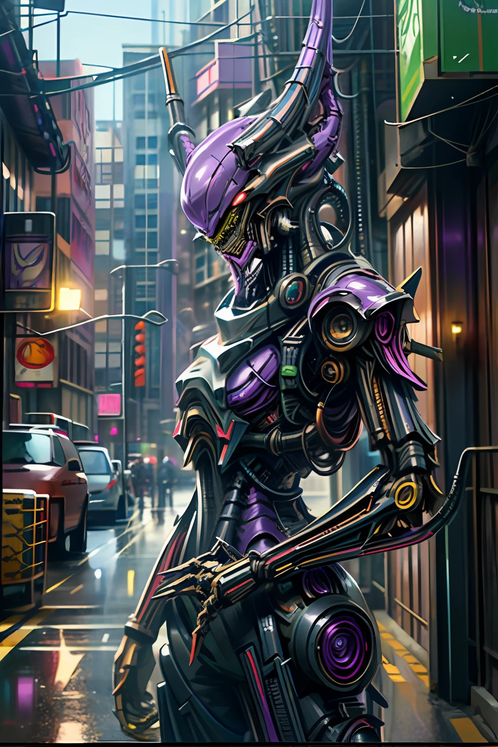 portrait, (ultra detailed, cinematic, hyper detailed, hyper resolution, official art, 40k wallpaper), Dark_Fantasy, Cyberpunk,(cybernetic alien, cybernetic dragon, black-purple:1.5), 1man, red eyes, ((exposed teeth)), alien terror, breastplate with various joints, Mechanical wonder, mechanical alien, robotic presence, Cybernetic guardian, wearing a mechanical suit, (steel metal), greg rutkowski, soft lighting, vibrant colors, ((street)), cowboy shot, dynamic pose,
