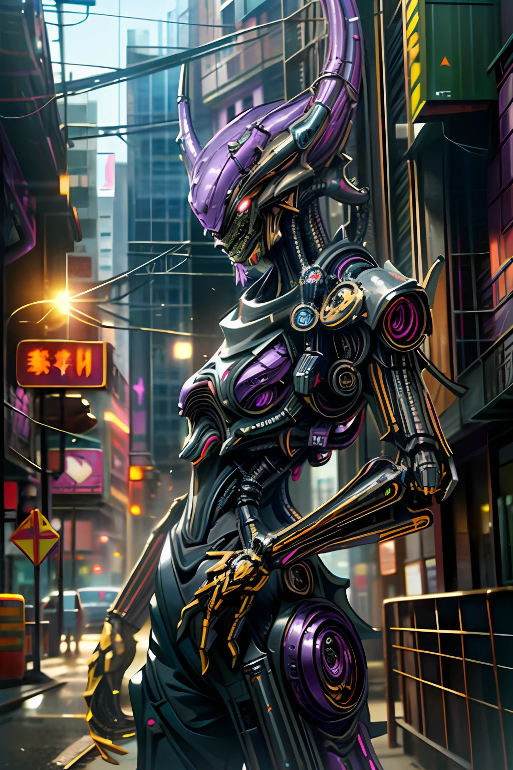 portrait, (highly detailed:1.3, ultra detailed, cinematic, hyper detailed, hyper resolution, official art, 40k wallpaper), Dark Fantasy, Cyberpunk,(cybernetic alien, cybernetic dragon, black-purple:1.5), 1man, red eyes, breastplate with various joints, Mechanical wonder, mechanical alien, robotic presence, Cybernetic guardian, wearing a mechanical suit, (steel metal), greg rutkowski, soft lighting, vibrant colors, ((street)), cowboy shot, dynamic pose,