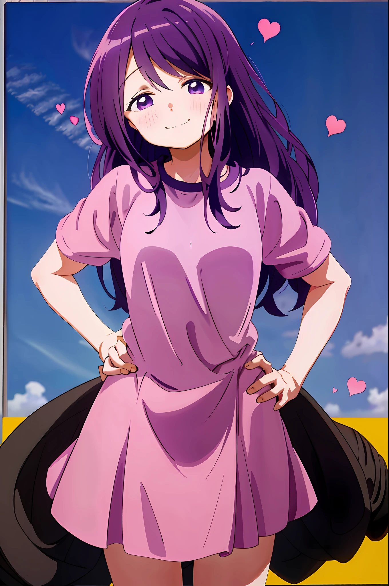 upper body, kubo, 1girl, solo, t-shirt, short sleeves, blush, smile, closed mouth, purple eyes, purple hair, looking at viewer, hands on hips, simple background, heart,