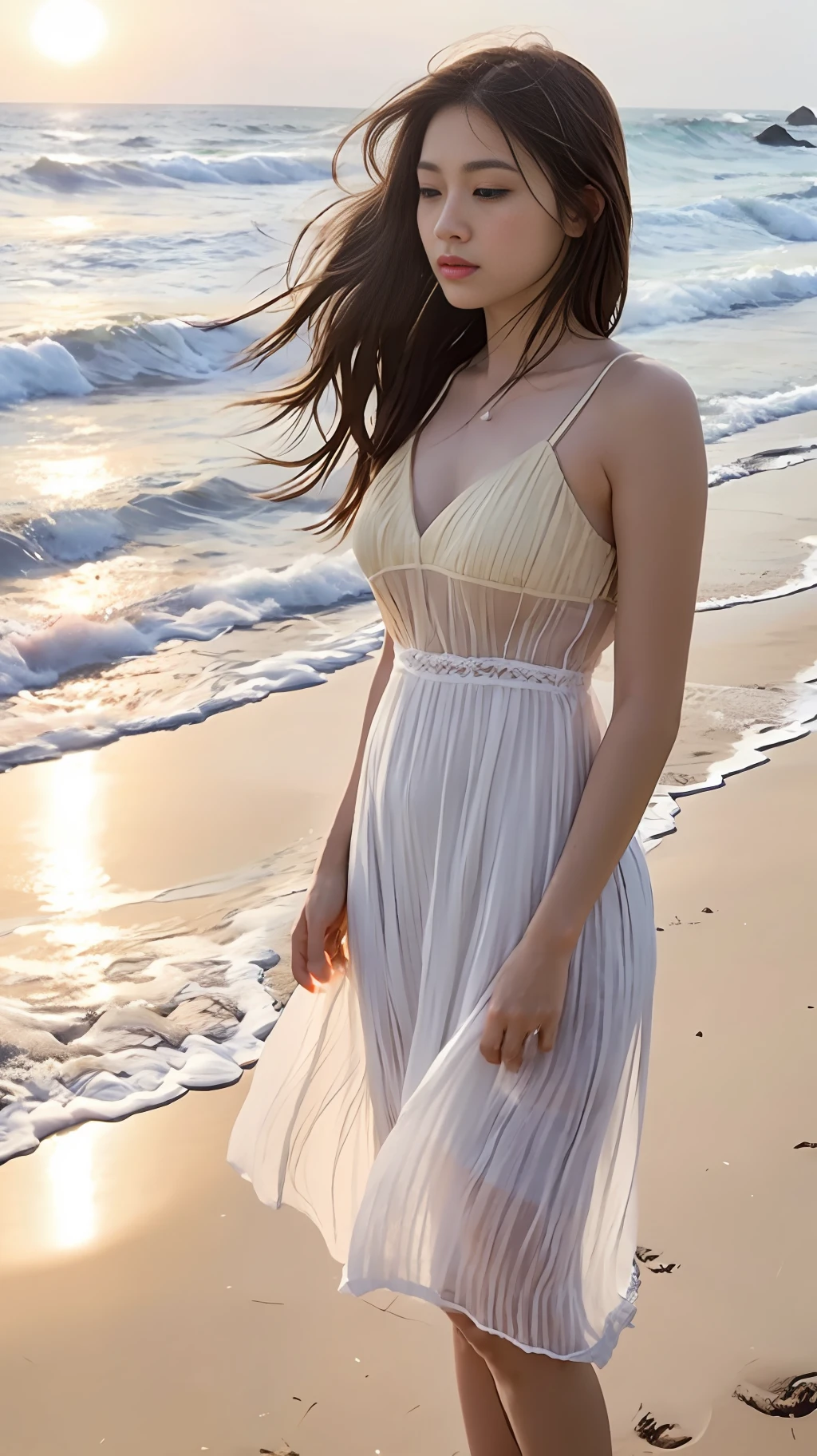 1girl,stands at the water’s edge on a sandy beach, with waves gently lapping at her feet. She wears a flowing white sundress that dances in the breeze. The setting sun casts a warm, golden glow on the scene, creating a romantic ambiance. Her hair is softly tousled, and she looks out towards the horizon with a dreamy expression, capturing a moment of serenity and contemplation.