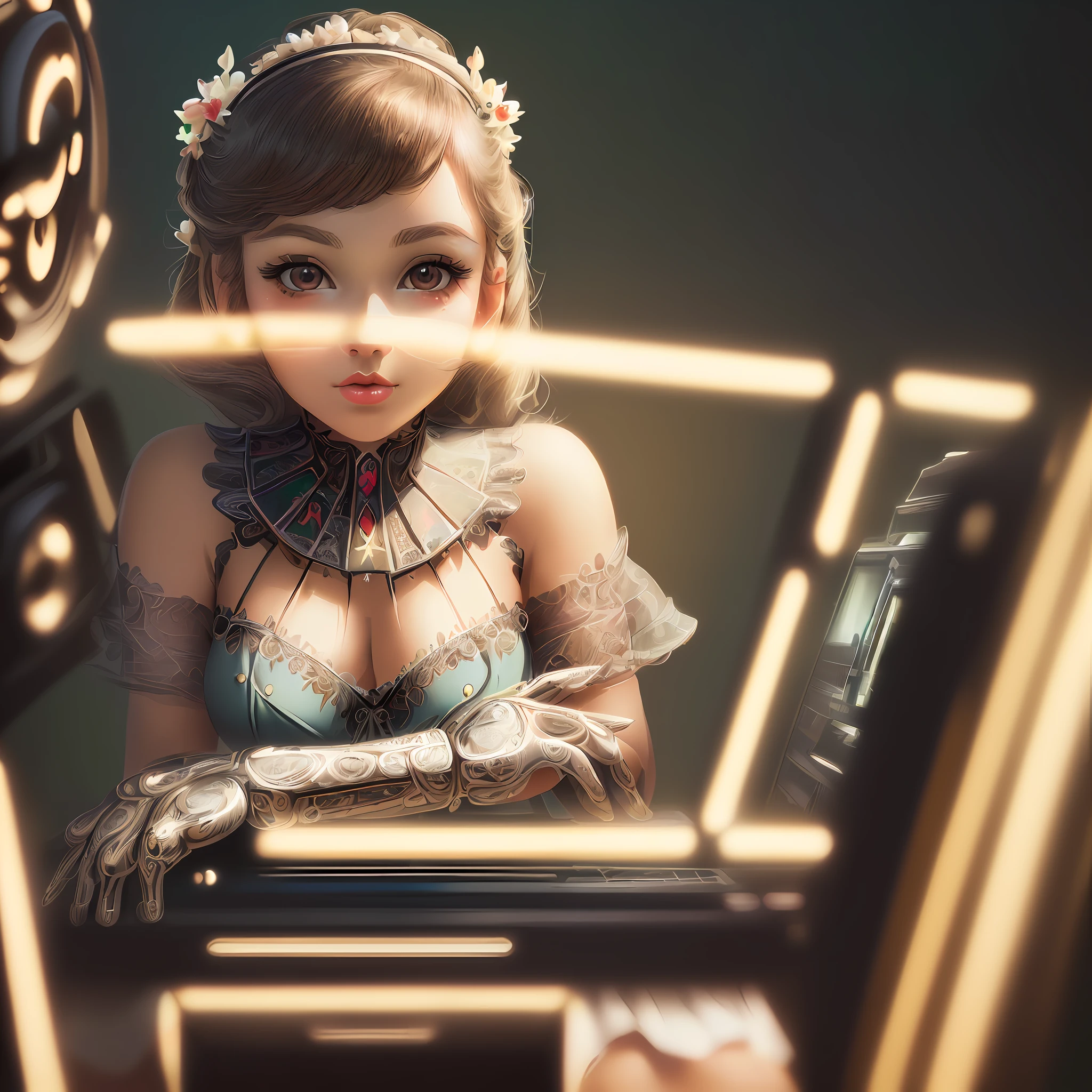 pinup girl, ((((masterpiece))), ((((best quality)))), (((ultra-detailed))), (highly detailed computer illustration), ((extremely delicate and beautiful)),(cute gentle face),cinematic light,((1 girl)),solo, whole body,(good anatomy:1.4),(sitting)),(character focus)