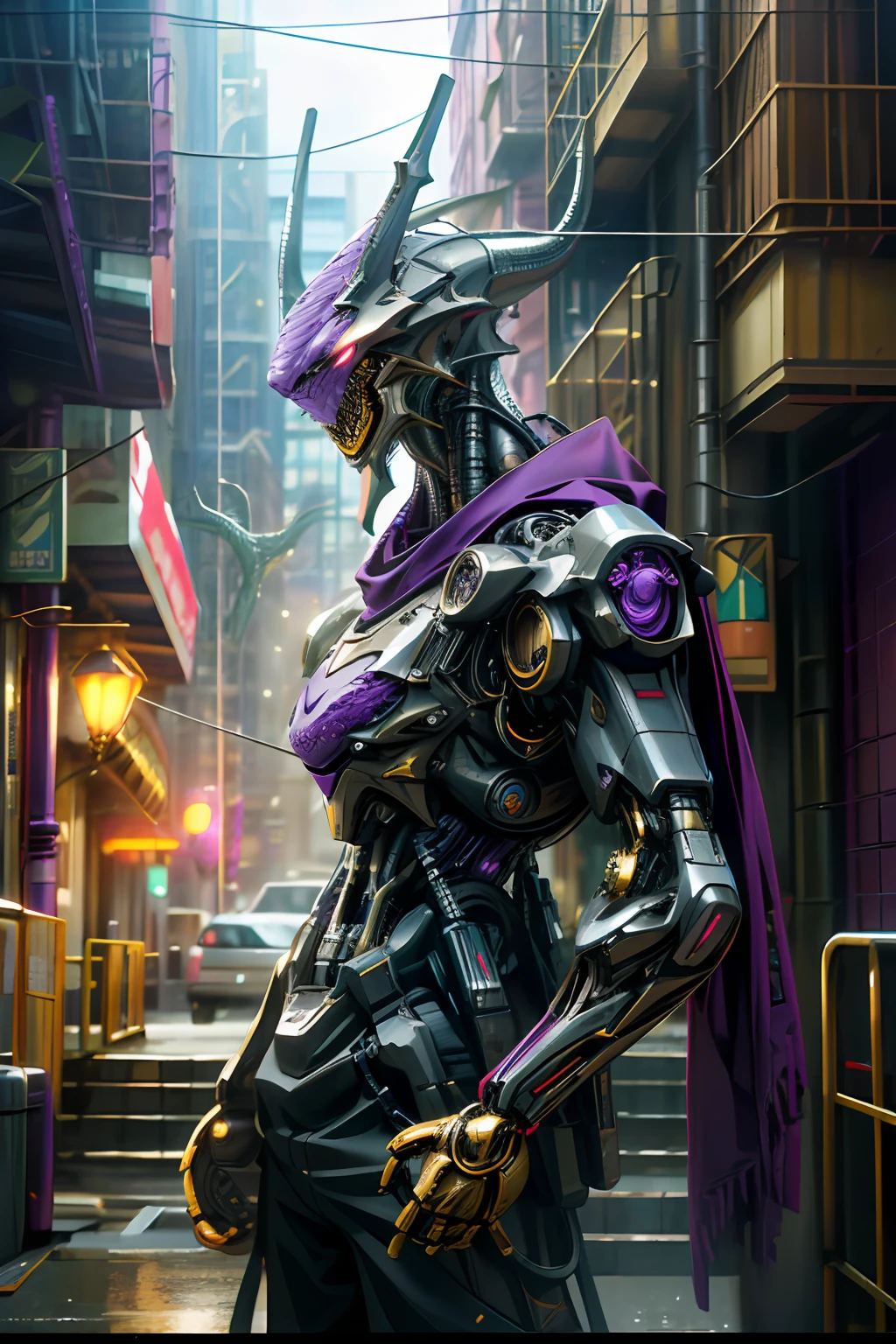 (cinematic, best quality, masterpiece, ultra HD textures, highly detailed, hyper realistic, intricate detail, 8k, photorealistic, concept art, matte painting, Autodesk Maya, Vray rendering, ray tracing, HDR), (DSLR, full frame, 16mm focal length, f/8 aperture, dynamic perspective, dynamic angle, golden aspect ratio, golden aspect ratio, wide photography, wide field of view, deep depth of field, zoom out),   Dark Fantasy, Cyberpunk, (cybernetic alien, cybernetic dragon, black-purple:1.5), 1man, red eyes, breastplate with several joints, Mechanical wonder, mechanical alien, robotic presence, Cybernetic guardian, wearing a mechanical suit, (steel metal), greg rutkowski, soft lighting, vibrant colors, ((street)), cowboy shooting, dynamic pose,