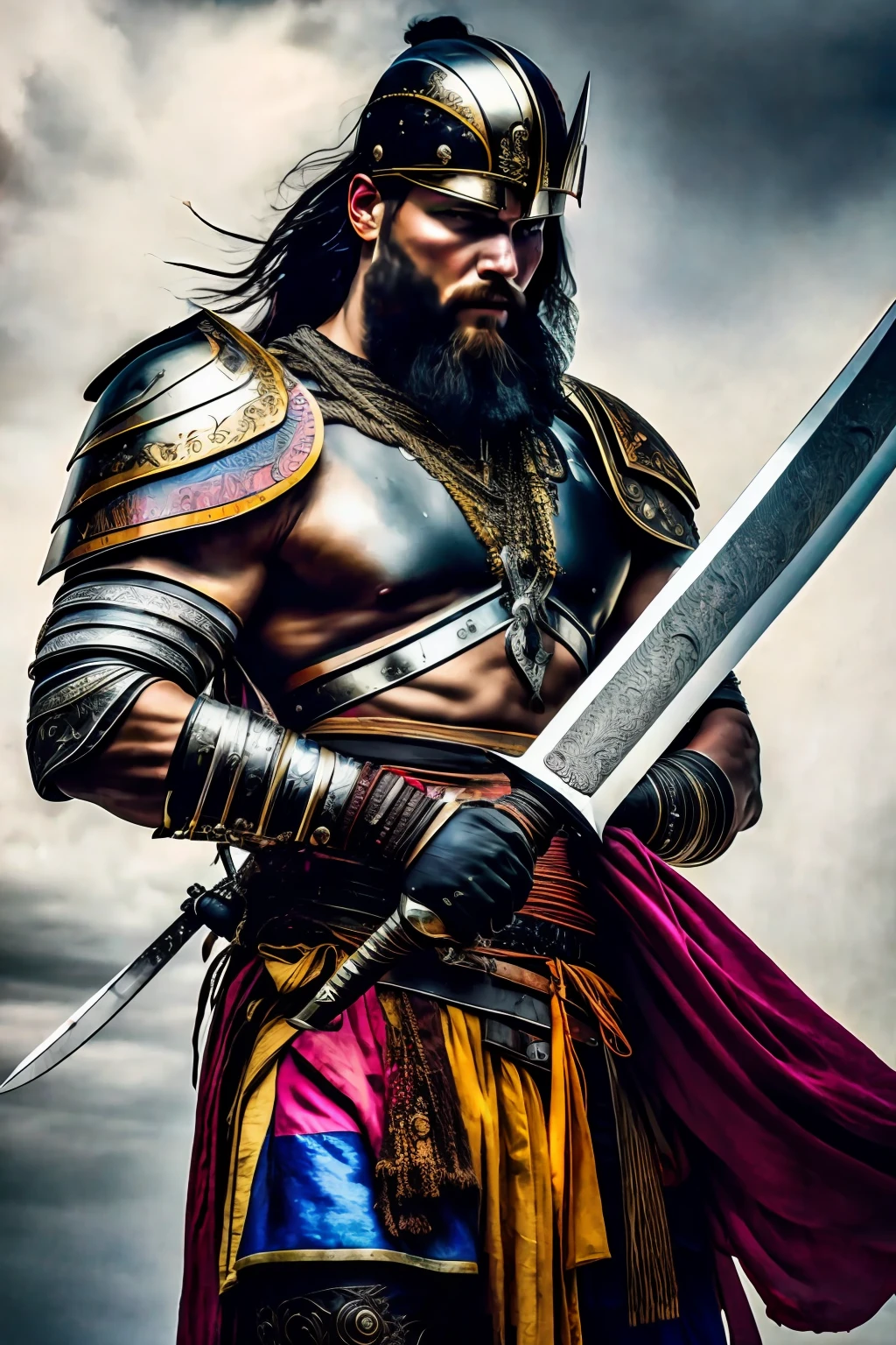 A warrior man with a large sword in his hands, vivid colors, intricate details
