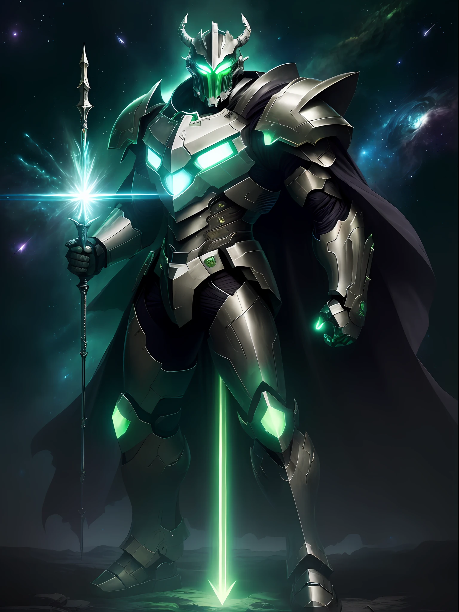 (((full body portrait))), (masterpiece, best quality, 8k resolution), Nebula knight battle beast knight imperial head glowing green flare galactic starry background, full body, dynamic battle pose, cape, green glowing spears, anime style, card fight vanguard style