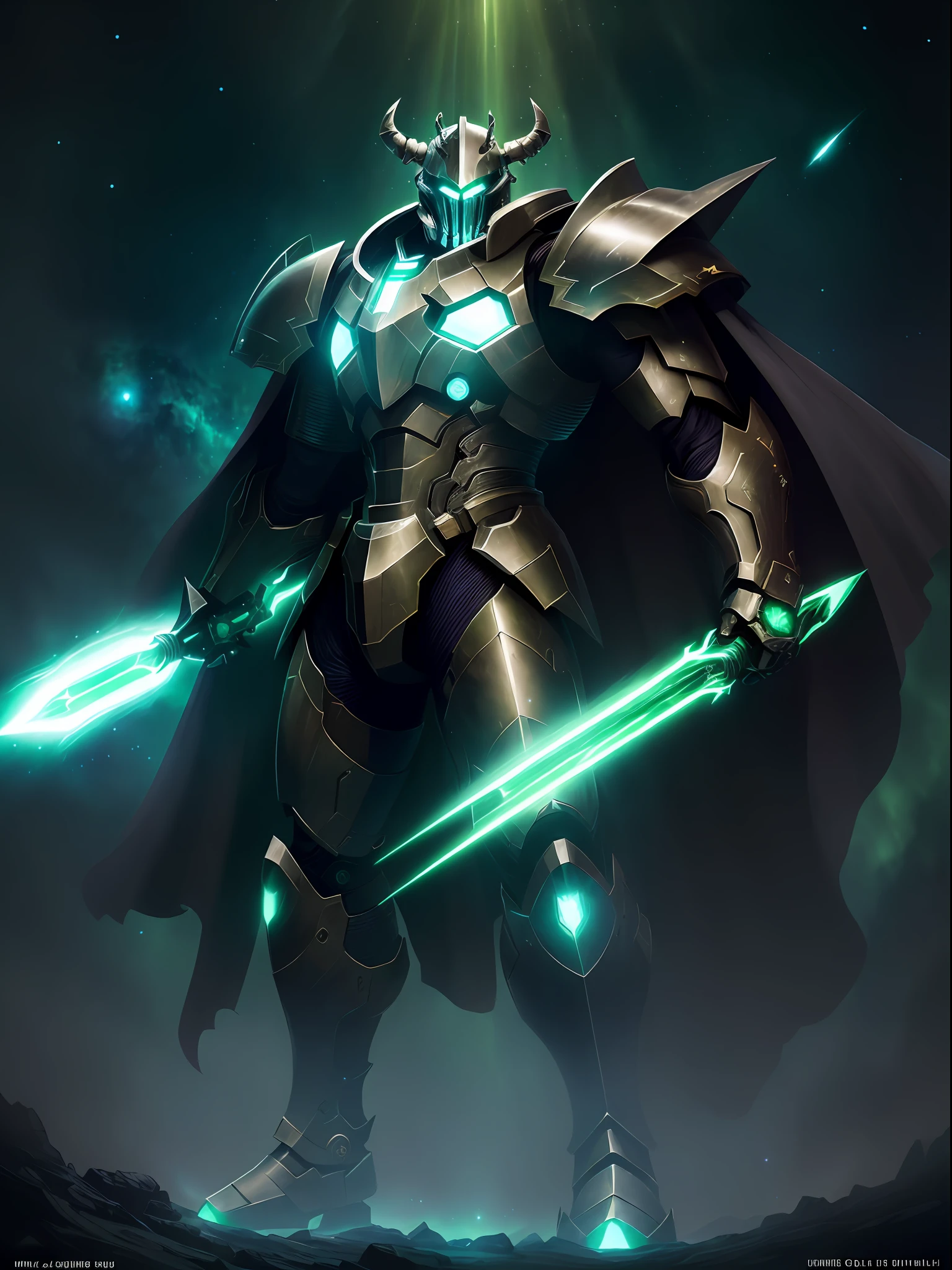 (((full body portrait))), (masterpiece, best quality, 8k resolution), Nebula knight battle beast knight imperial head glowing green flare galactic starry background, full body, dynamic battle pose, cape, green glowing spears, anime style, card fight vanguard style