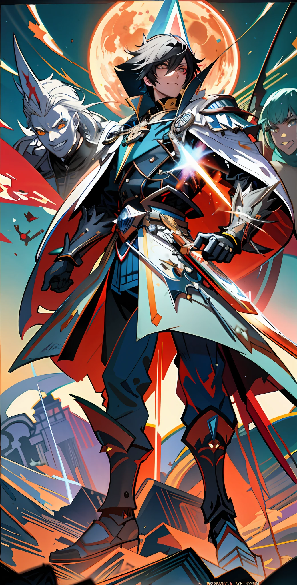 Close-up of someone with black hair holding a sword and cloak, Gear's comet striving for the art of the beginning, Duelyst style, comet gear art trend, comet gear art style, Crazy Gear graphics, Kilian ENG's vibrant colors, guilty equipment, Shirow Masamune, Vibrant Kilian Eng colors, Graphic artist Davy Blight, Kilian Eng style