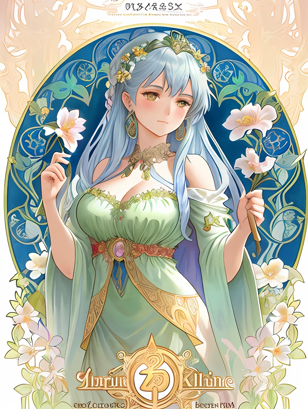 An ultrafine detailed watercolor painting of a gorgeous woman with flowers in her hair, in the style of Alphonse Maria Mucha and Gustav Kilmt, art nouveau accents, fantasy art, fairy princess, anthropomorphic female, female figure, detailed cover artwork, as the goddess of the flowers, Alphonse Mucha, Gustav Klimt, pale bluish skin, a marble sculpture, cgsociety, gothic art, art nouveau, behance contest winner