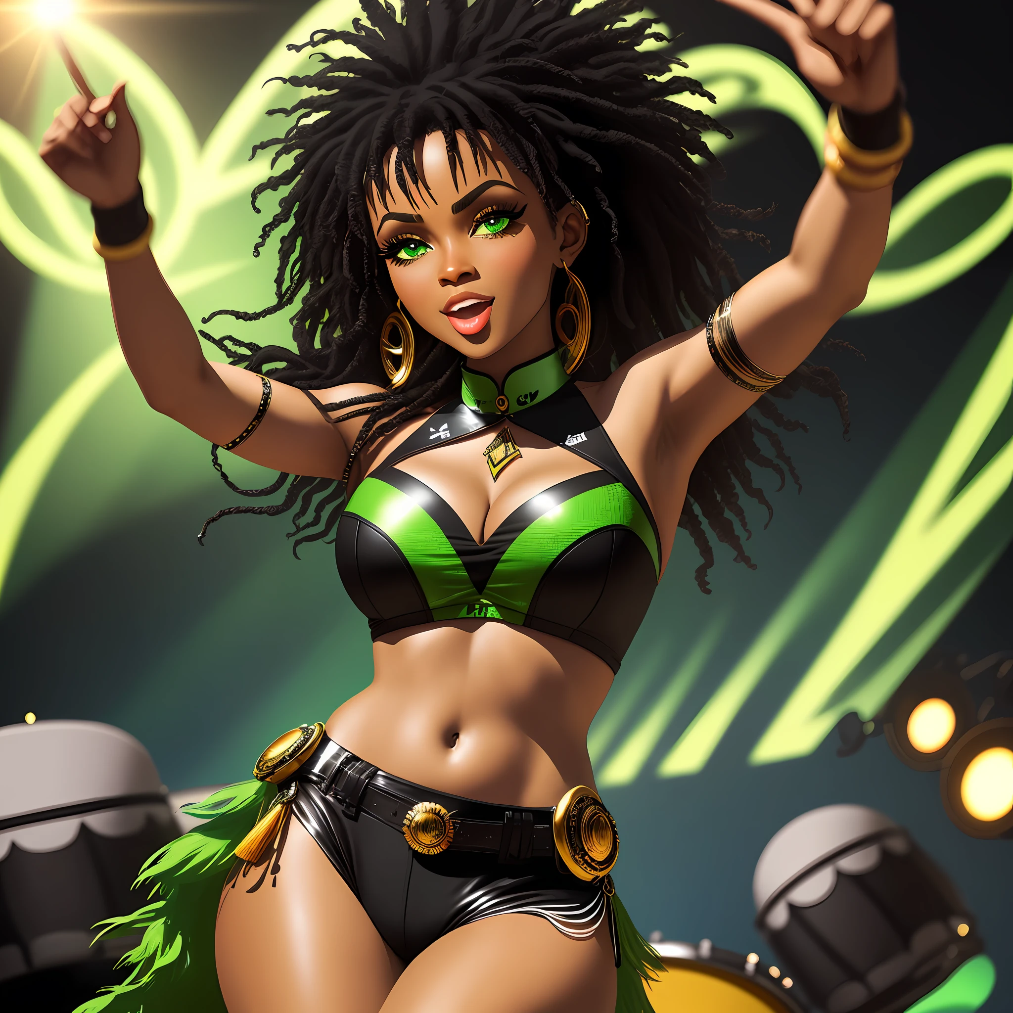 Design a logo for a green-eyed black samba singer that conveys energy, rhythm and passion for music