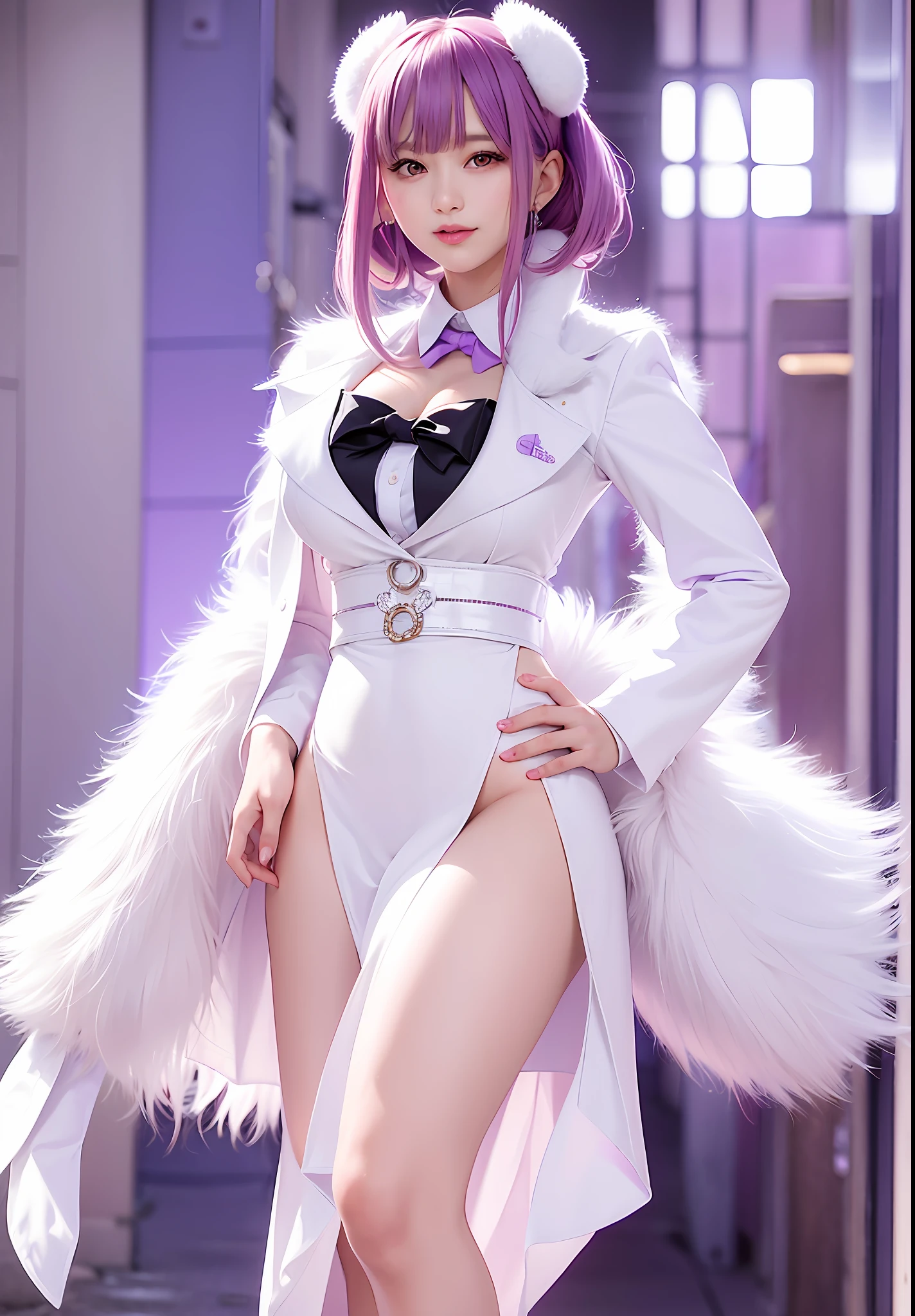 arafed image of a woman posing in a white and purple dress, magazine photo, tsubasa nakai's style, cute:2, white background : 3, furry style, jpop clothing, portrait of japanese gyaru, inspired by Fujiwara Takanobu, sana takeda, ayaka, takada akemi, akira yoshizawa, ayami