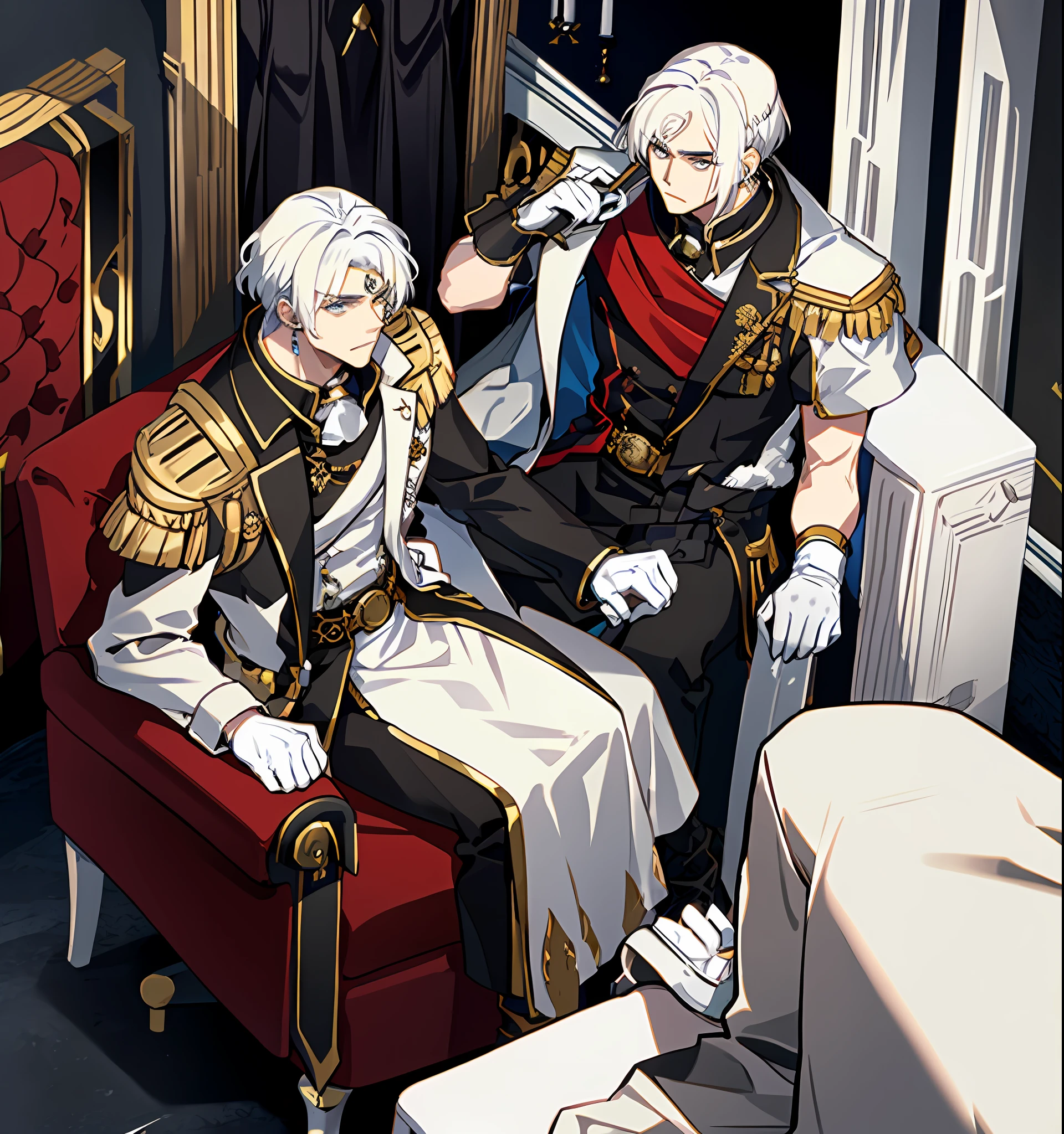A king, white hair, black eyes, sitting on the throne