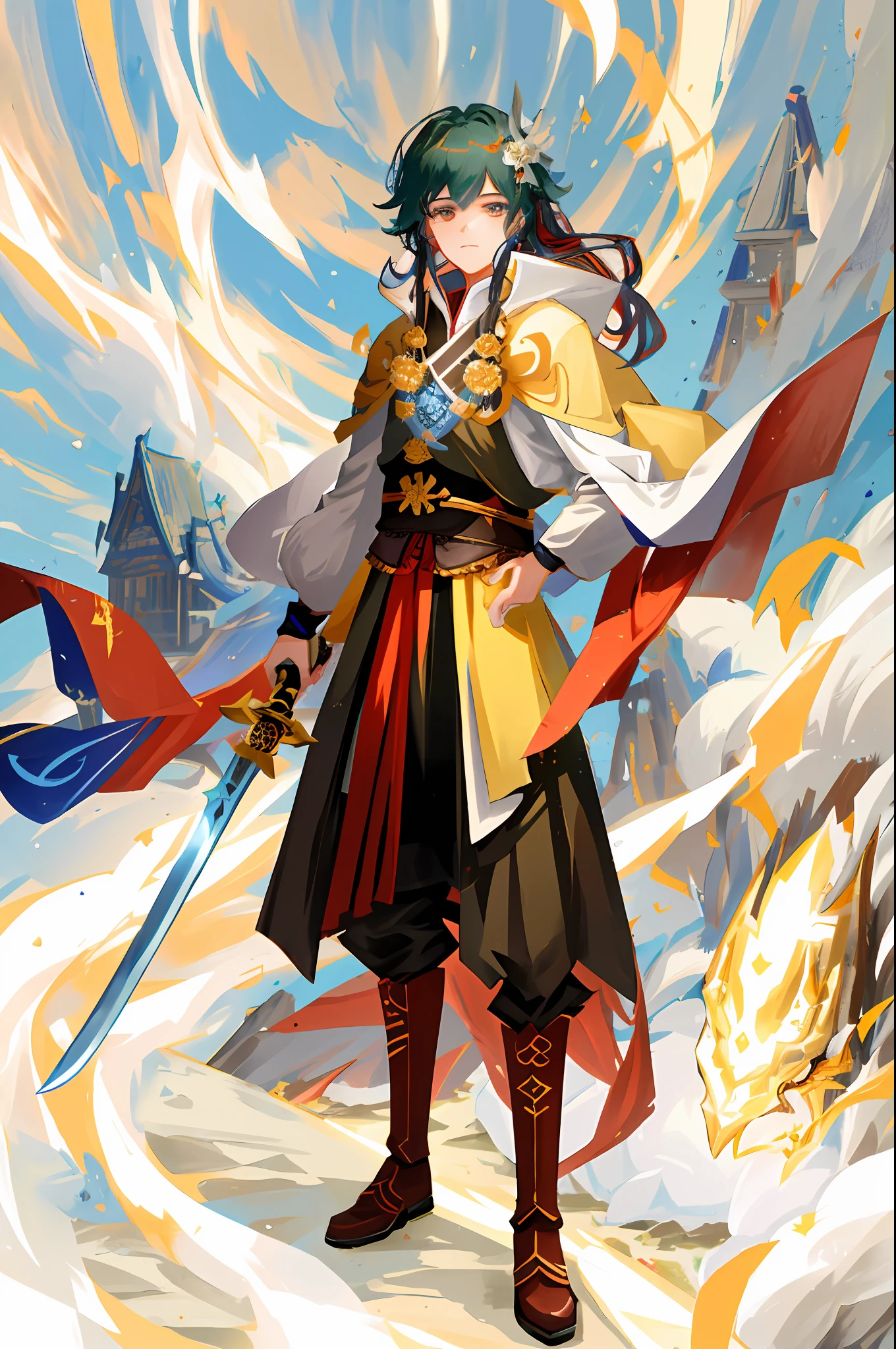 a close up of a person with a sword and a cape, by Yang J, g liulian art style, heise jinyao, keqing from genshin impact, zhao yun, zhongli from genshin impact, by Chen Jiru, by Yang Jin, inspired by Yang Jin, by Qu Leilei, by Yang Borun