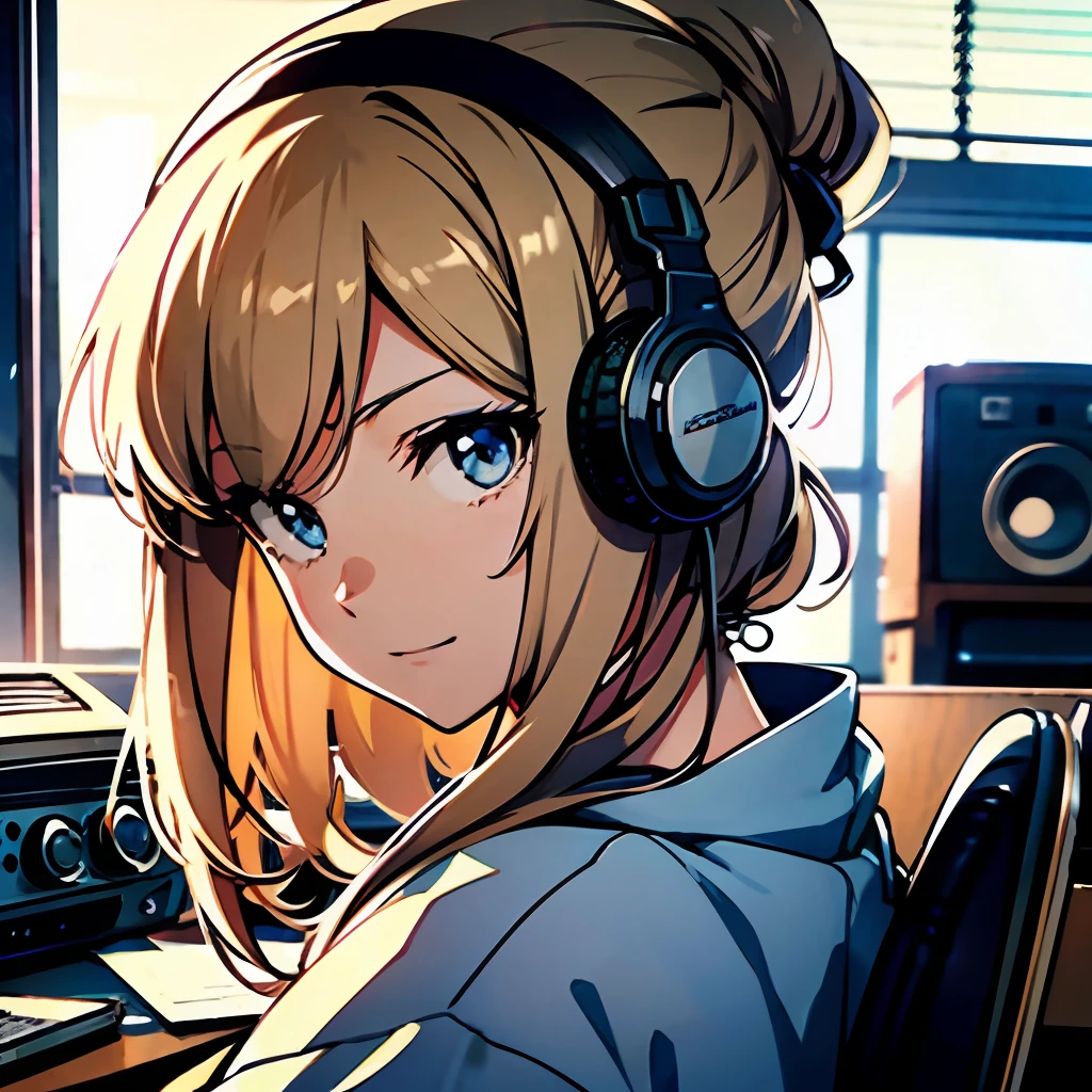 (best-quality:0.8), perfect anime illustration, extreme closeup portrait of a pretty woman listening to radio, old-style, curious face, vintage, anime, radio in frame, table, studying, not looking at camera
