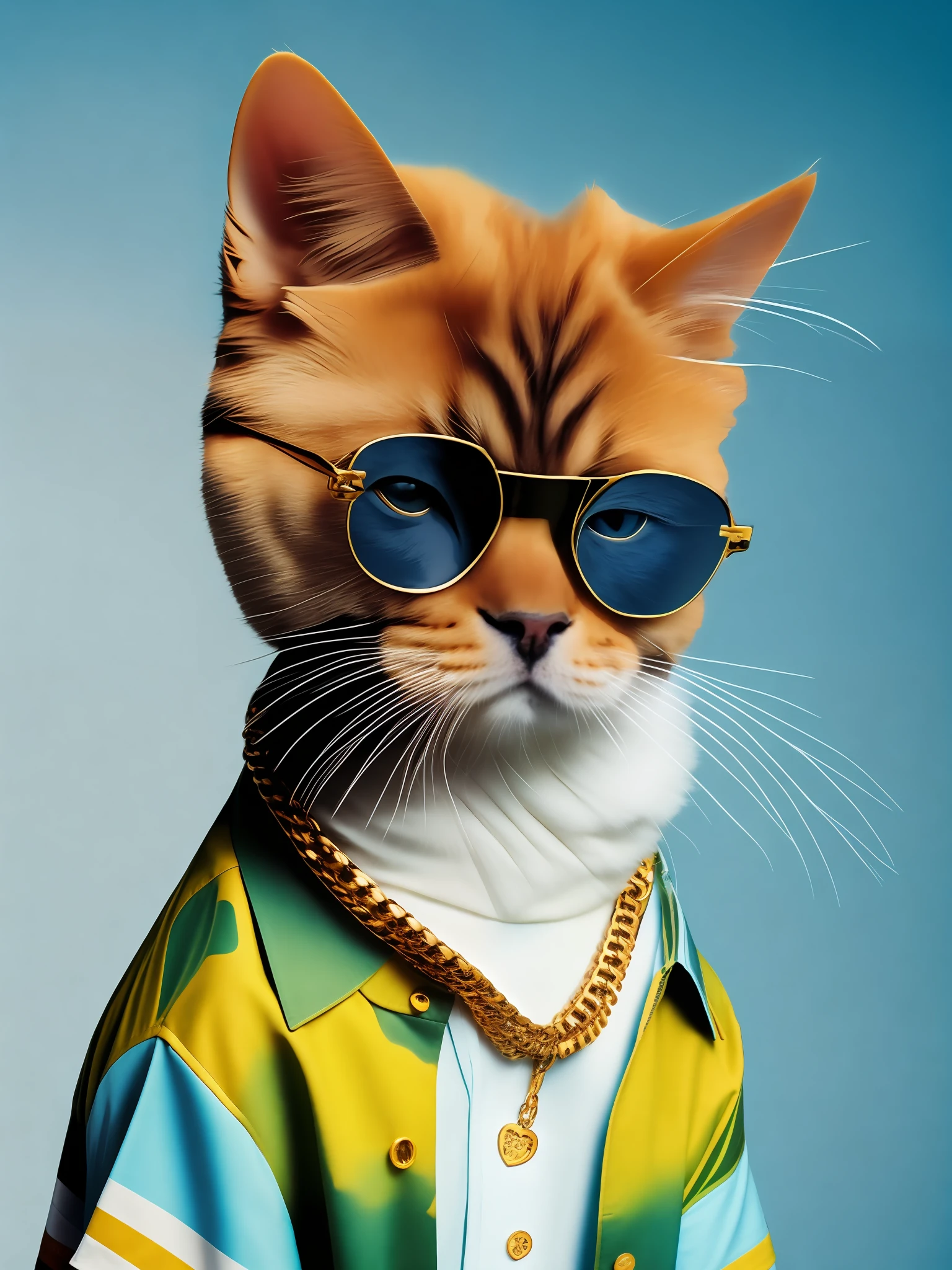 a British Golden breed cat wearing sunglasses and a shirt with a chain around it's neck
