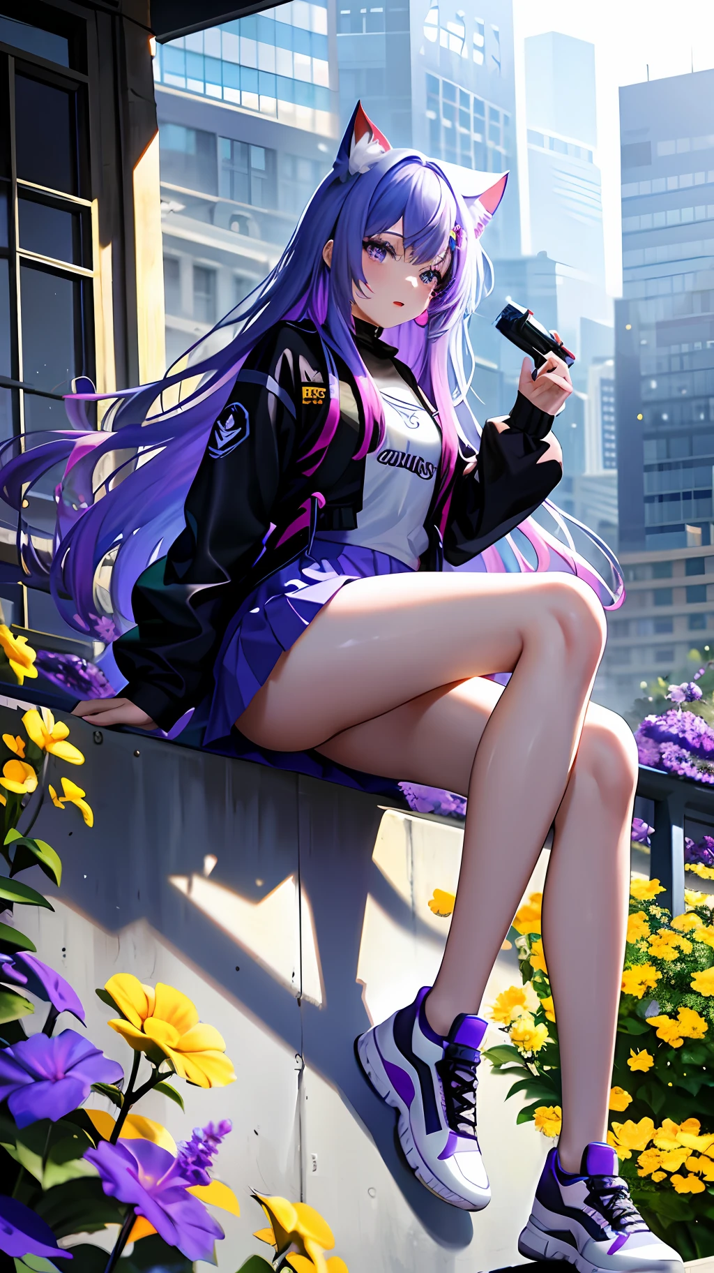 +Action scene) Beautiful girl, holding futuristic gun bright earrings, violet hair, long hair, hair ornaments, violet flowers, yellow flowers, blue flowers, cat ears, cute cat tail, bright sneakers, sitting on a ladder, gray and red hood, thick leg, skirt, pink lips, shimmering blue eyes, hyper detailed scenery, (masterpiece), best quality, incredibly beautiful, sunlight, dynamic light, intense shadows