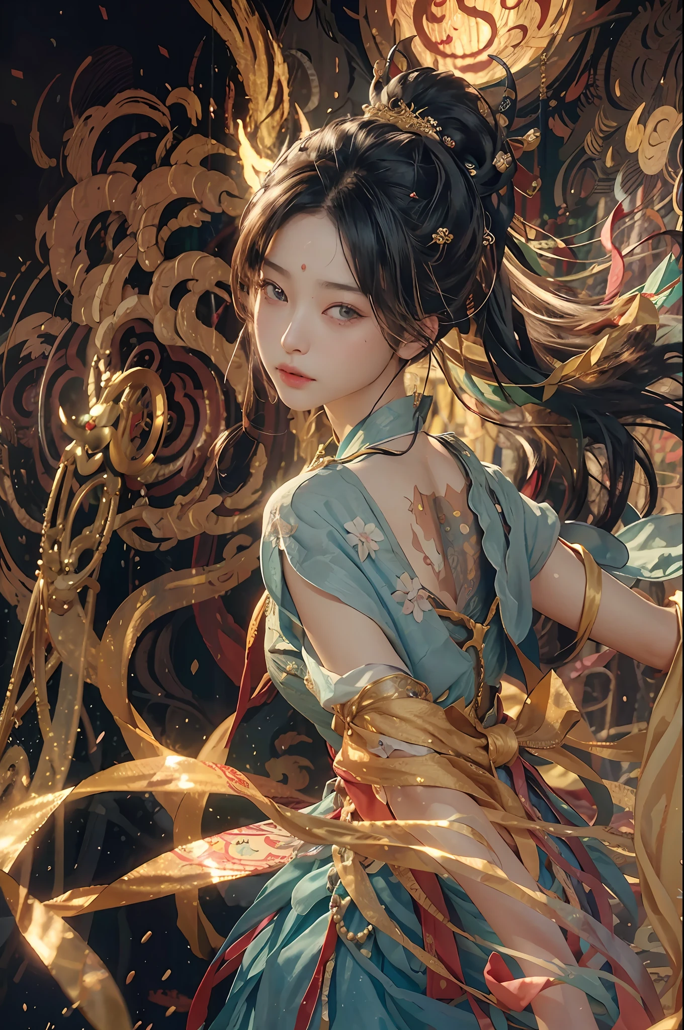 (RAW photo, best quality), (realistic, photo-realistic:1.3), best quality, highly detailed, masterpiece, ultra-detailed, illustration, 1girl, upper_body, dynamic angle, world mastery theater, messy_long_hair,best quality, extremely detailed CG unity 8k壁纸，墨水，惊人，电影灯光，lens_flare，dunhuang_style，性感