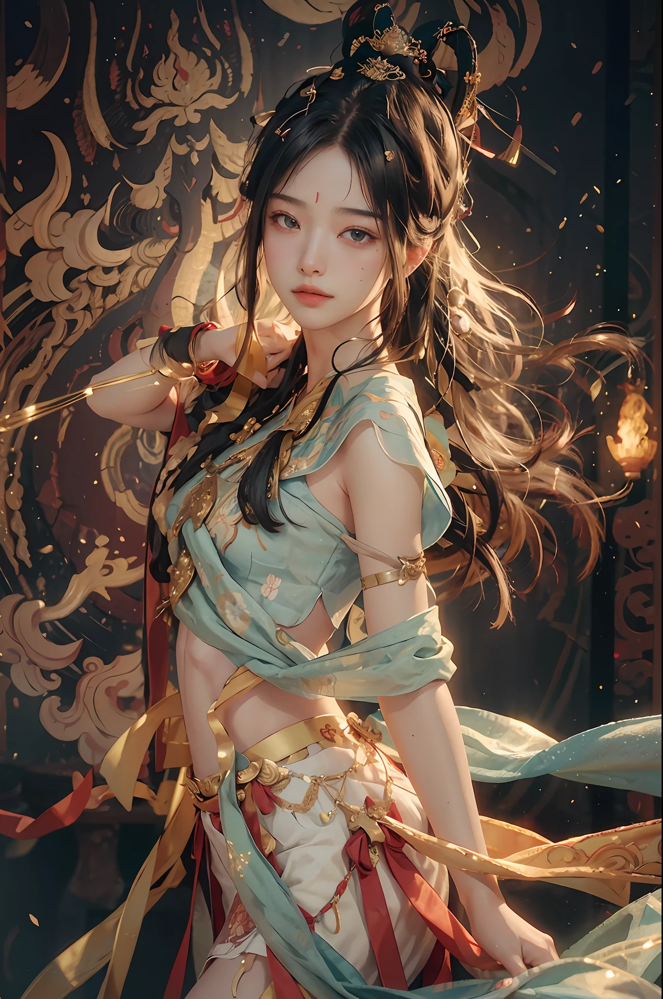 (RAW photo, best quality), (realistic, photo-realistic:1.3), best quality, highly detailed, masterpiece, ultra-detailed, illustration, 1girl, upper_body, dynamic angle, world mastery theater, messy_long_hair,best quality, extremely detailed CG unity 8k壁纸,墨水,惊人,电影灯光,lens_flare,dunhuang_style,性感