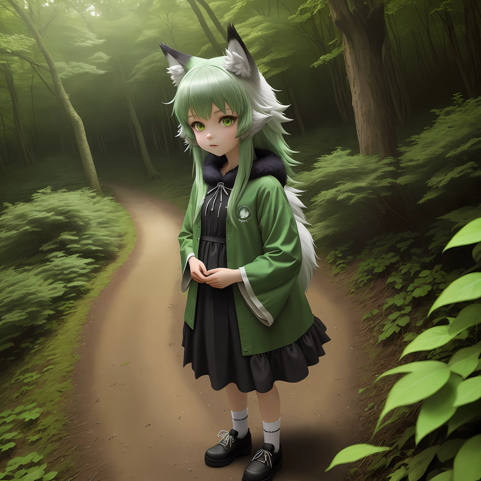 Anime wolf girl with emerald clothing and green hair in the forest